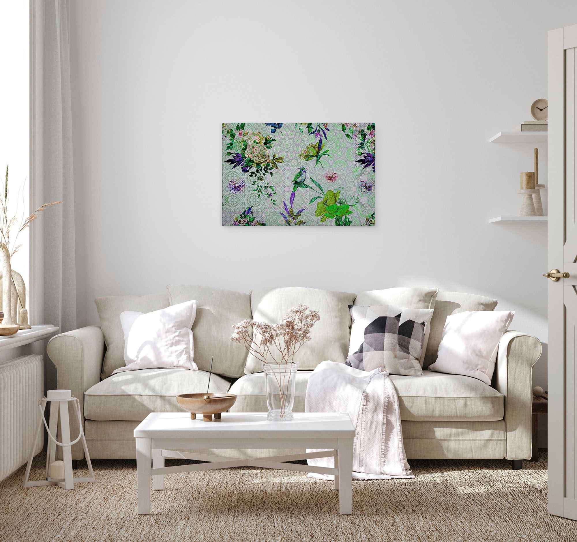 A.S. Création Leinwandbild »mosaic garden«, Kunst-Vögel-Kinder, (1 St.), Mosaik Keilrahmen Floral Blumen Vögel Leinwand-Bild Wohnzimmer modern