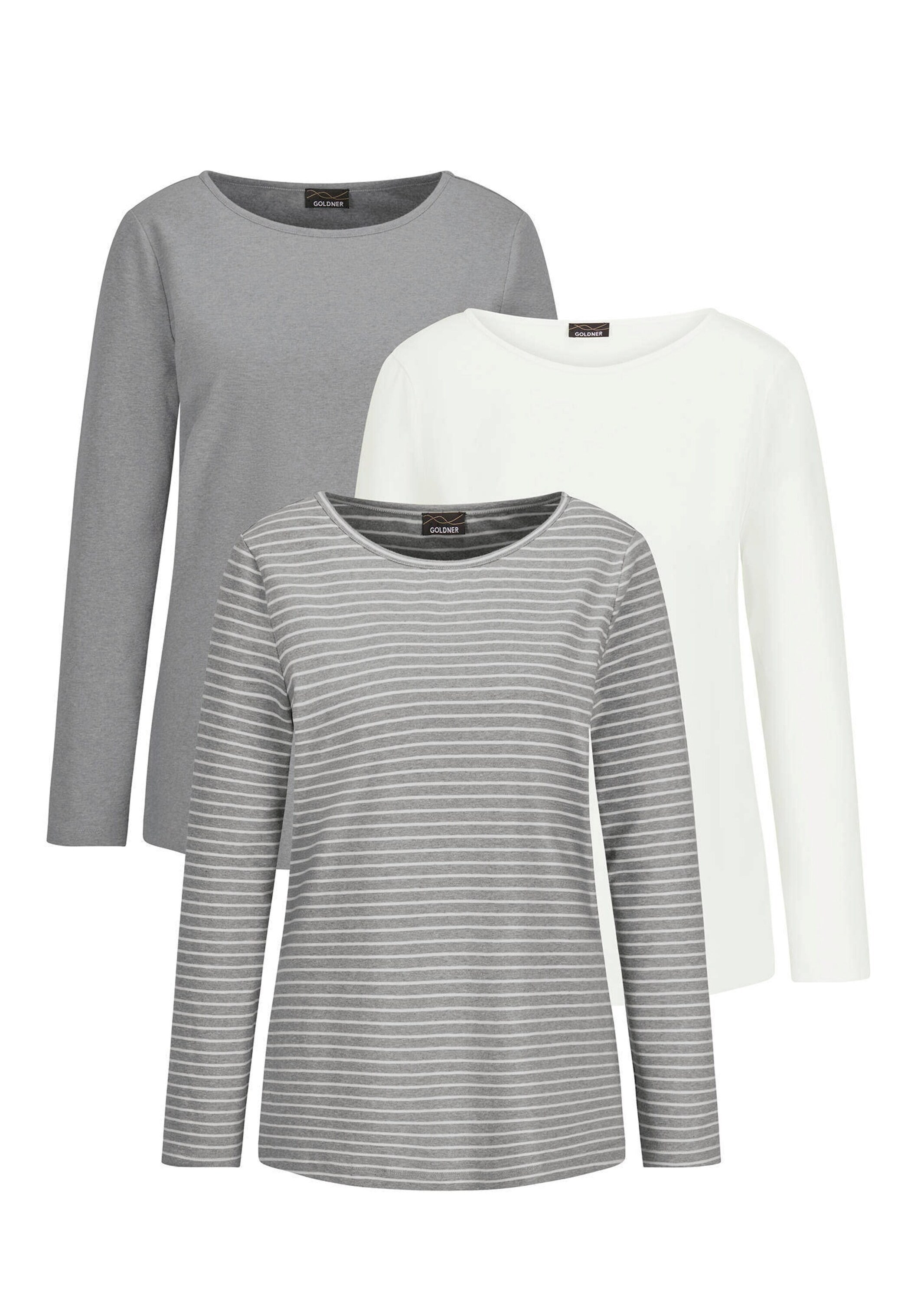 Kurzarmshirt GOLDNER "Langarm 3er-Baumwollshirt-Set", Damen, Gr. 50, grau (grau, cremeweiß, grau, geringelt), Obermaterial: 95% Baumwolle CO. 5% Elasthan EL., Modisch, Shirts, U-Boot-Ausschnitt