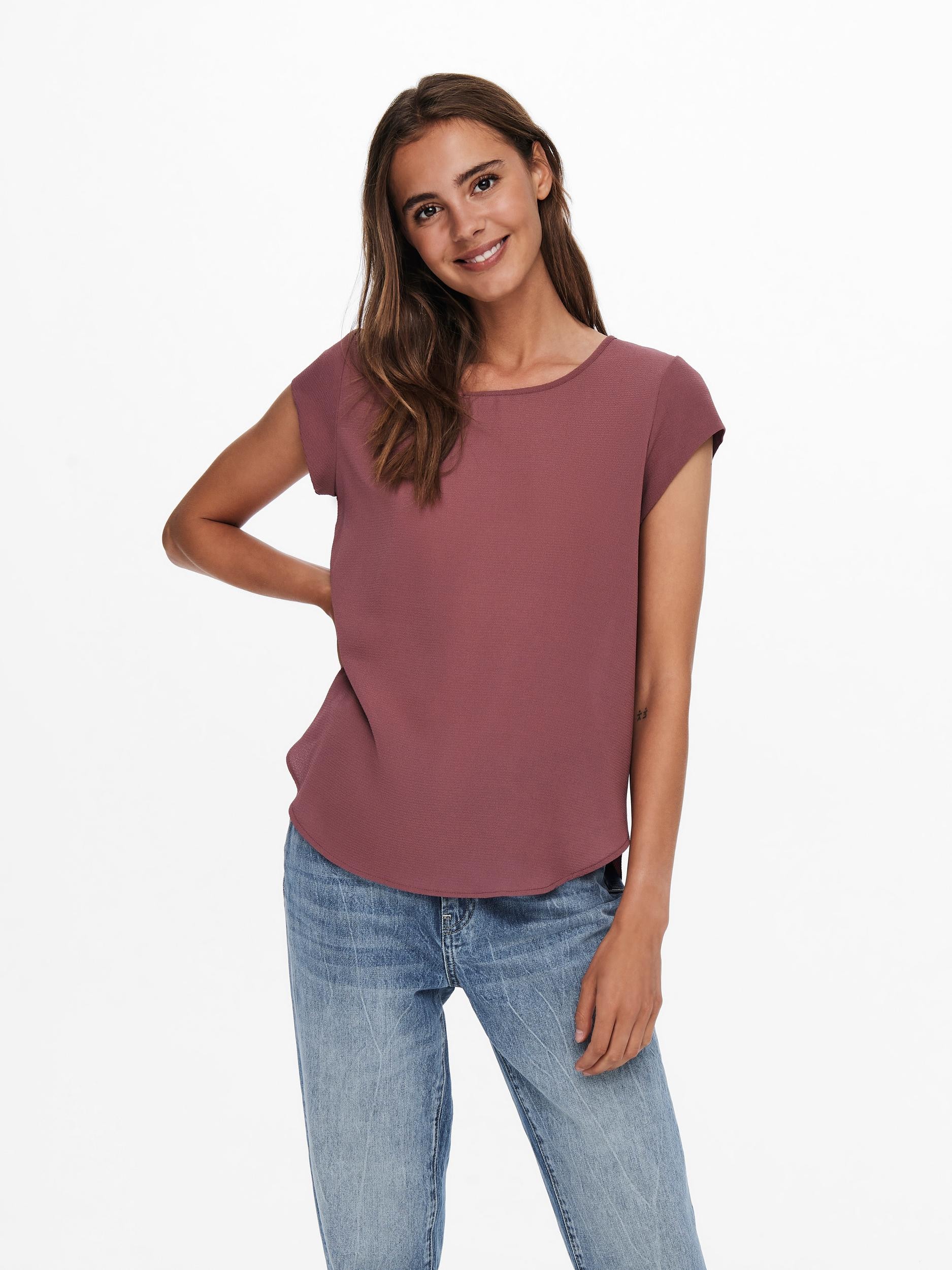 Kurzarmbluse ONLY "ONLVIC – feminines Blusenshirt in lockerer Form", Damen, Gr. 38, bunt (rose braun), Web, Obermaterial: 97% Polyester, 3% Elasthan, unifarben, regular fit Po-bedeckend, Rundhals, Blusen, Materialmix, regular fit