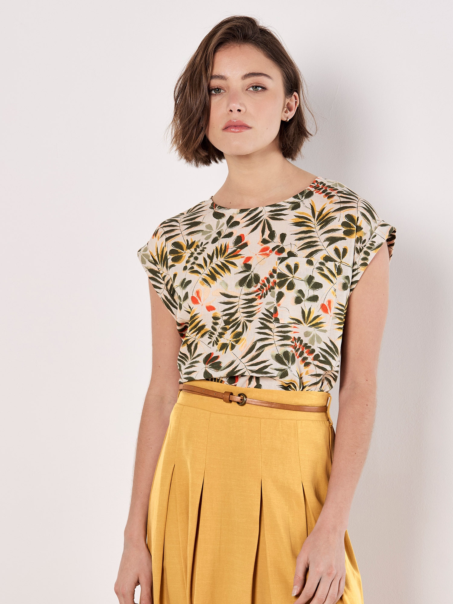 Apricot Druckbluse "Top mit Blattdruck" mit offenem Rücken