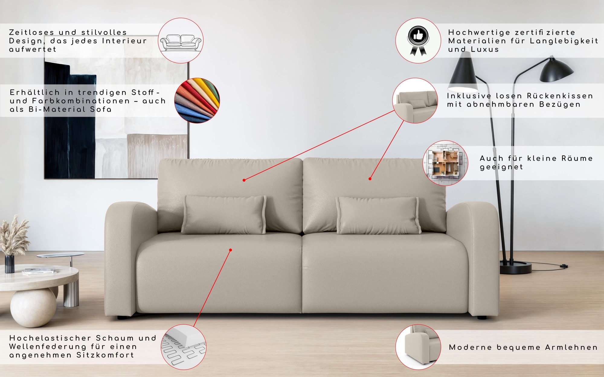 INOSIGN 3-Sitzer »JIGGS wahlweise Schlafsofa mit Bettkasten, Maße B/H/T: 228/96/110 cm«, Sofa mit Wellenunterfederung, enthält 2 Rückenkissen und 2 Zierkissen