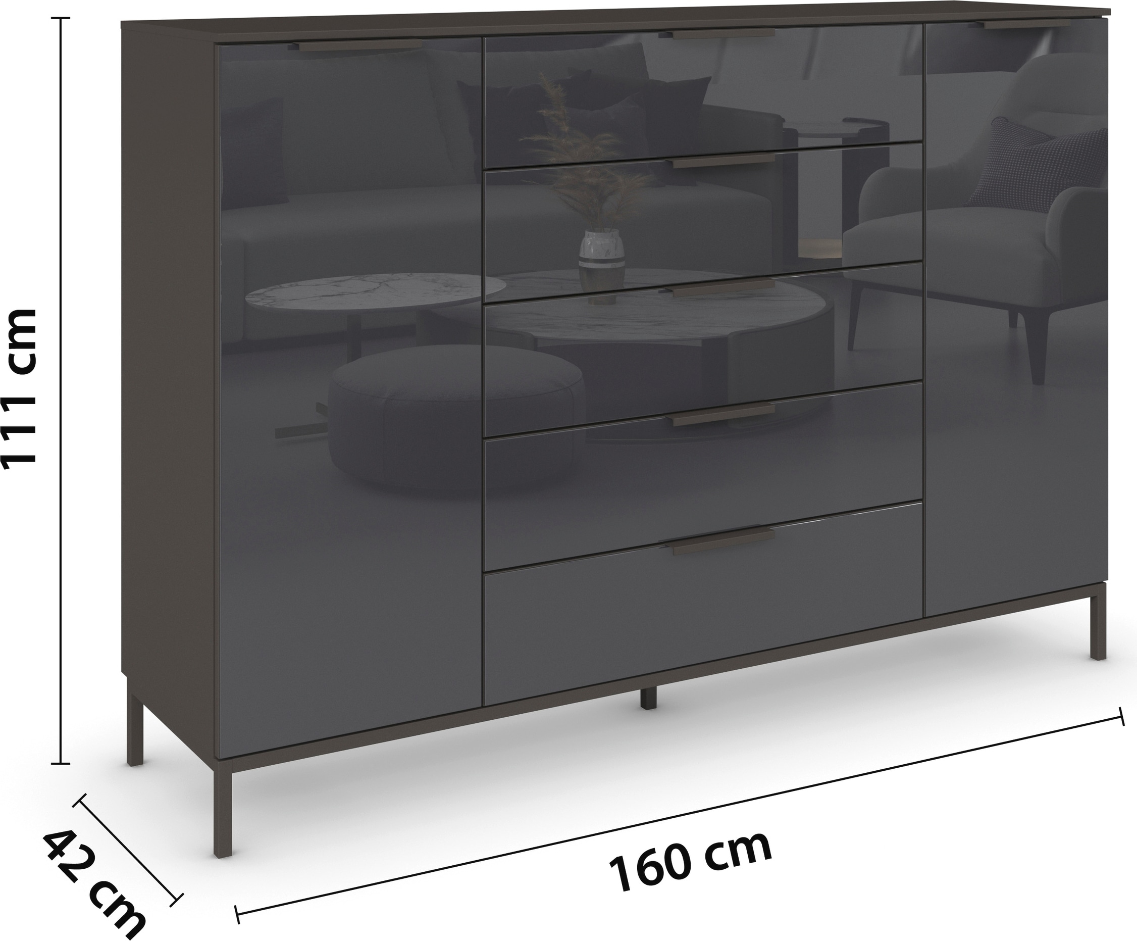 rauch Schubkastenkommode »Kommode Türkommode Sideboard Kombikommode FLIPP mit Glasfront«, (Breite 160/180 cm mit 4 Einlegeböden), 2-trg mit 5 Schubladen und Soft-Close-Funktion, Glasfront, 2 Breiten