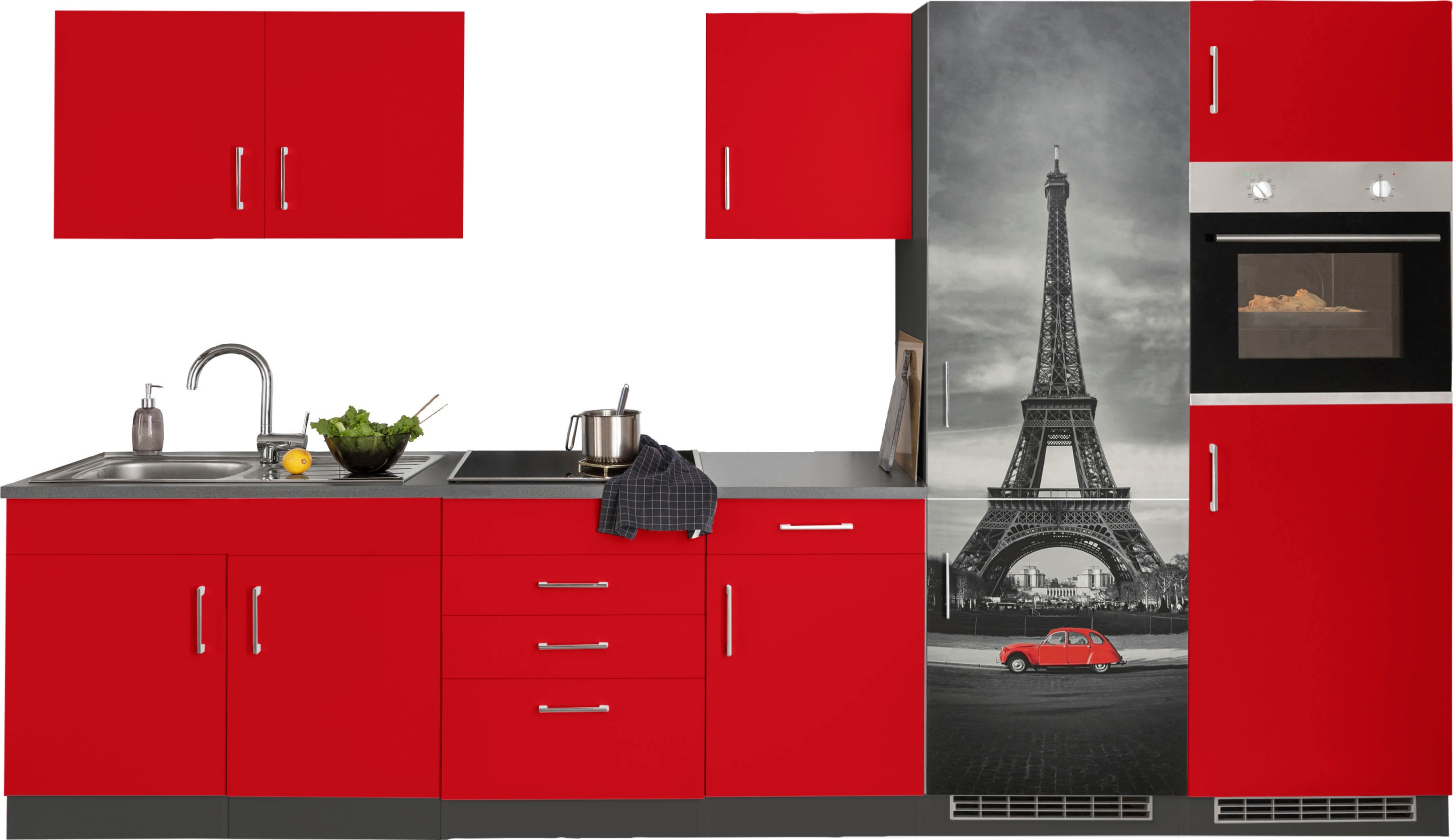 KOCHSTATION Küchenzeile "KS-Paris - Küchen mit einzigartigen Fotomotiven auf den Fronten" Breite 330 cm, wahlweise mit E-Geräten und Induktion