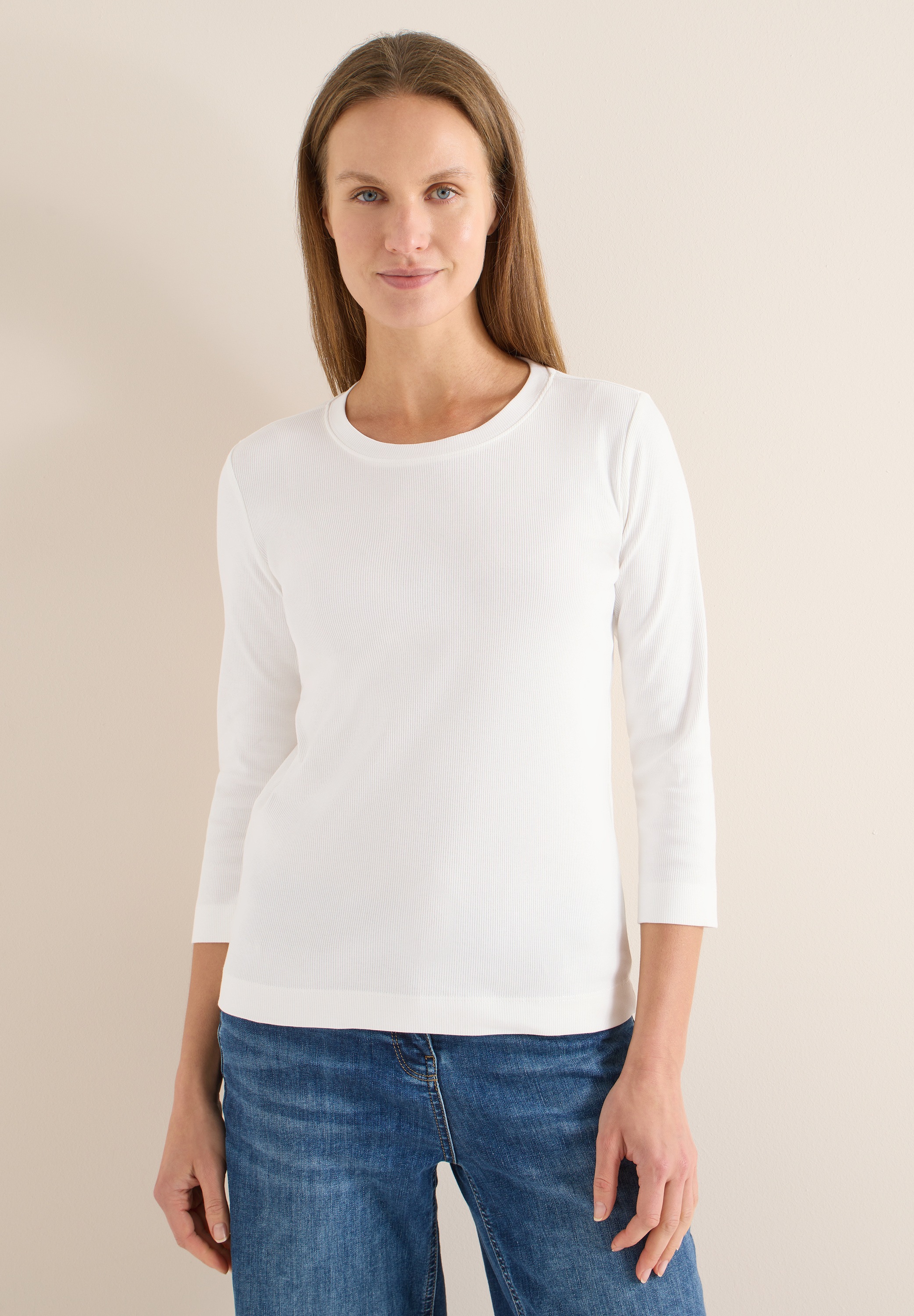 3/4-Arm-Shirt CECIL, Damen, Gr. XXL (46), vanilleweiß, Web, 95% Baumwolle, 5% Elasthan, unifarben, comfort fit normal, Rundhals, normaler Saum, Shirts 3/4-Arm-Shirt, mit 3/4 Ärmeln