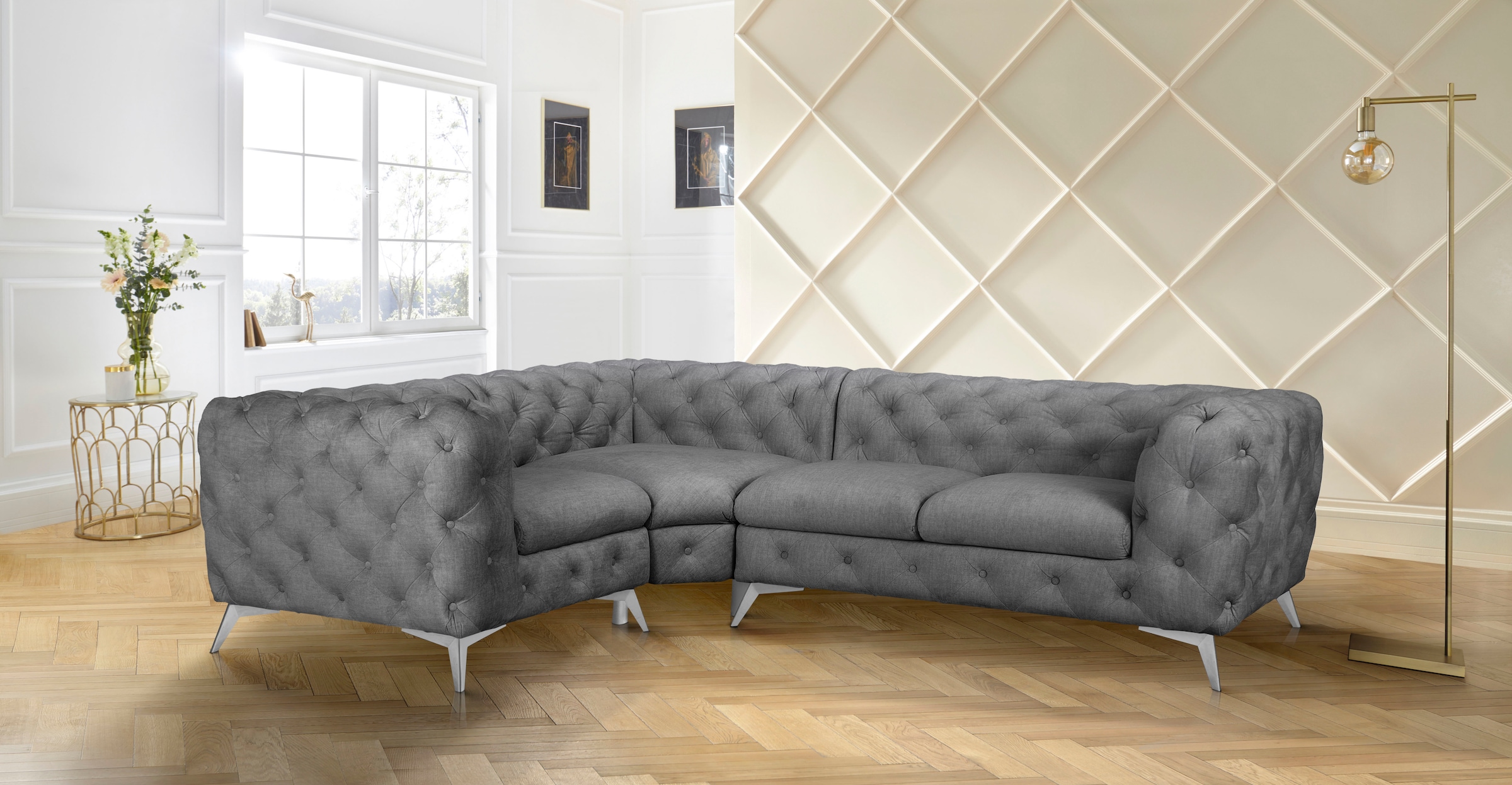 Leonique Chesterfield-Sofa »Ecksofa GLYNIS L-Form mit Wellenunterfederung, Maße B/T/H 264/204/75cm«, aufwändige Knopfheftung, moderne Chesterfield Optik, Fußfarbe wählbar