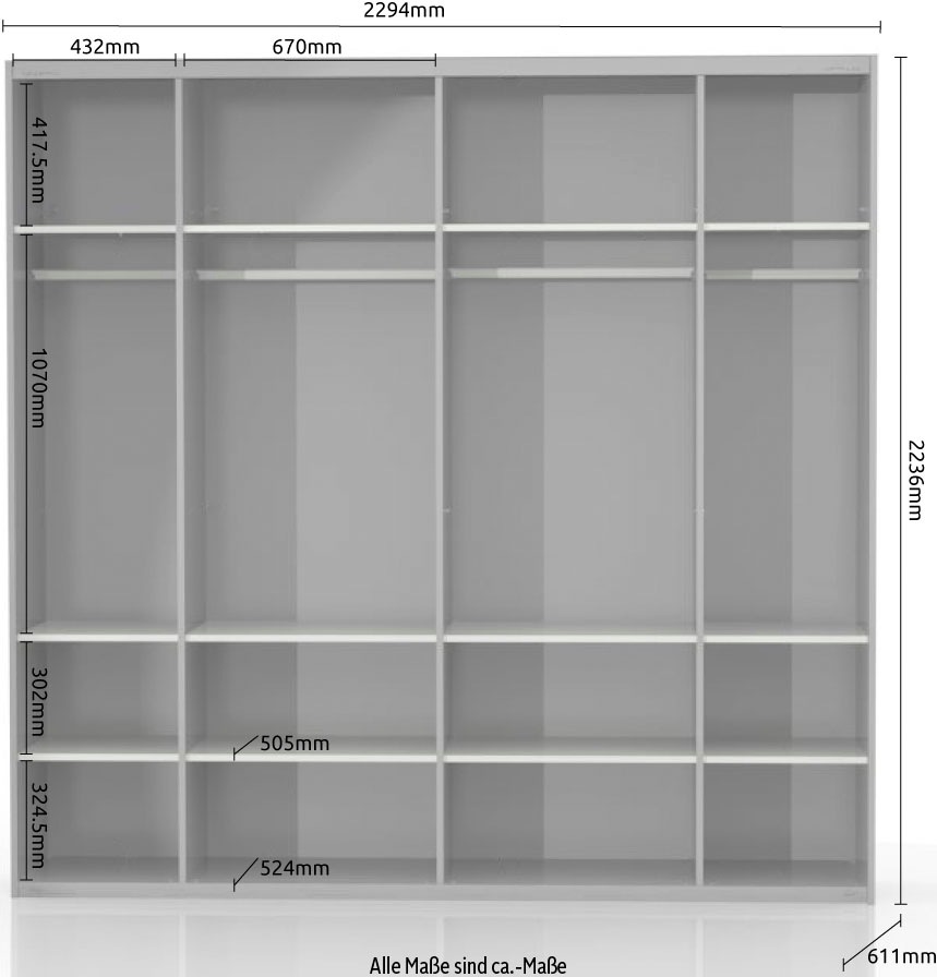 Places of Style Schwebetürenschrank »Onyx, Schwebetürenschrank inklusive Innenleben, FSC-zertifiziert«, (in 3 Breiten: 182, 230 oder 272cm, Höhe 224cm, mit Spiegel), UV lackiert, hochglänzend anthrazit, mit Soft-Close Funktion