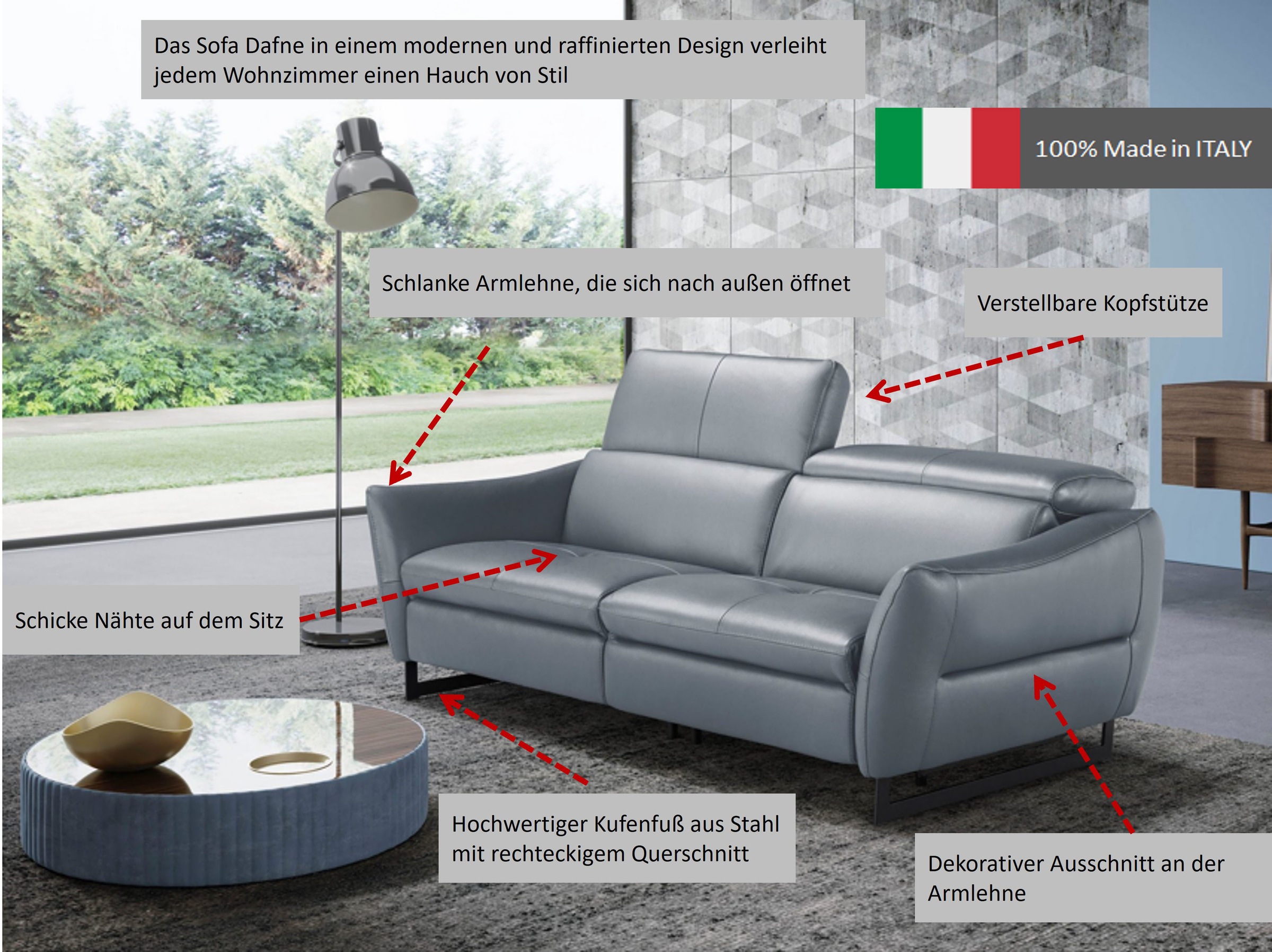 2,5-Sitzer EGOITALIANO "Dafne, elegantes Designsofa mit hohem Sitzkomfort", rot (cherry), B:208cm H:97cm T:108cm, Leder NUVOLE (Echtes Rindsleder). Halbnatürliches, halbnarbiges Rindsleder mit einer natürlichen Körnung von 1, 2 bis 1, 4 mm. Dieses Leder h 4