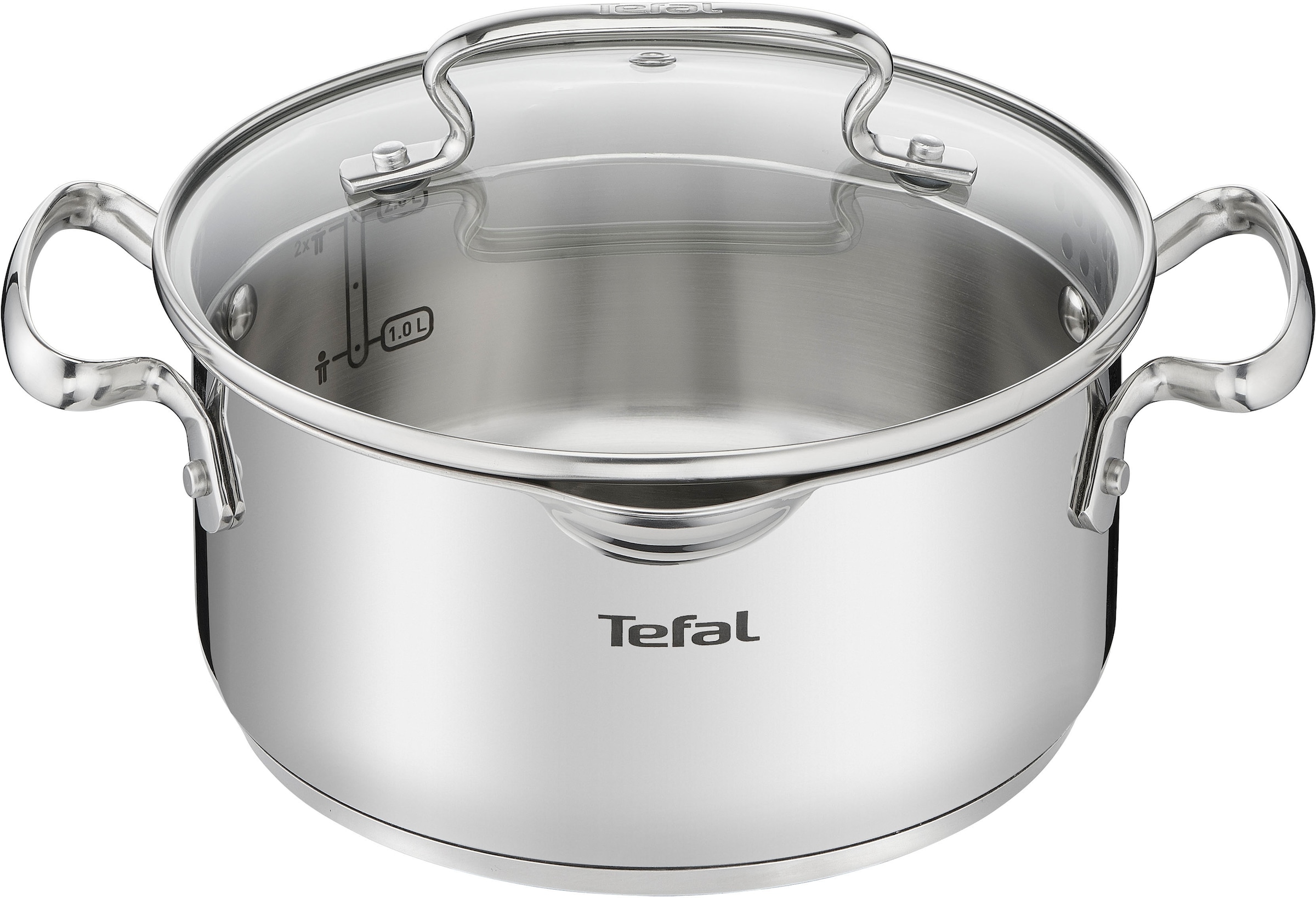 Tefal Topf-Set »Duetto+ G719S7«, Edelstahl 18/10, (Set, 7 tlg., Kochtopf mit Glasdeckel 16/20/24 cm, Stielkasserolle 16 cm), hochwertiger Edelstahl, hochglanzpoliert, Glasdeckel mit Siebfunktion