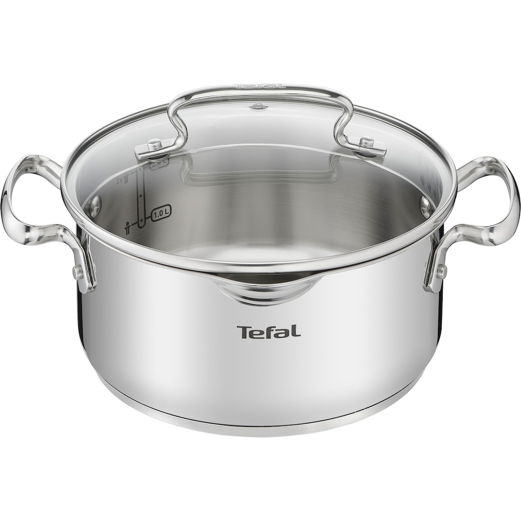 Tefal Topf-Set »Duetto+ G719S7«, Edelstahl 18/10, (Set, 7 tlg., Kochtopf mit Glasdeckel 16/20/24 cm, Stielkasserolle 16 cm), hochwertiger Edelstahl, hochglanzpoliert, Glasdeckel mit Siebfunktion