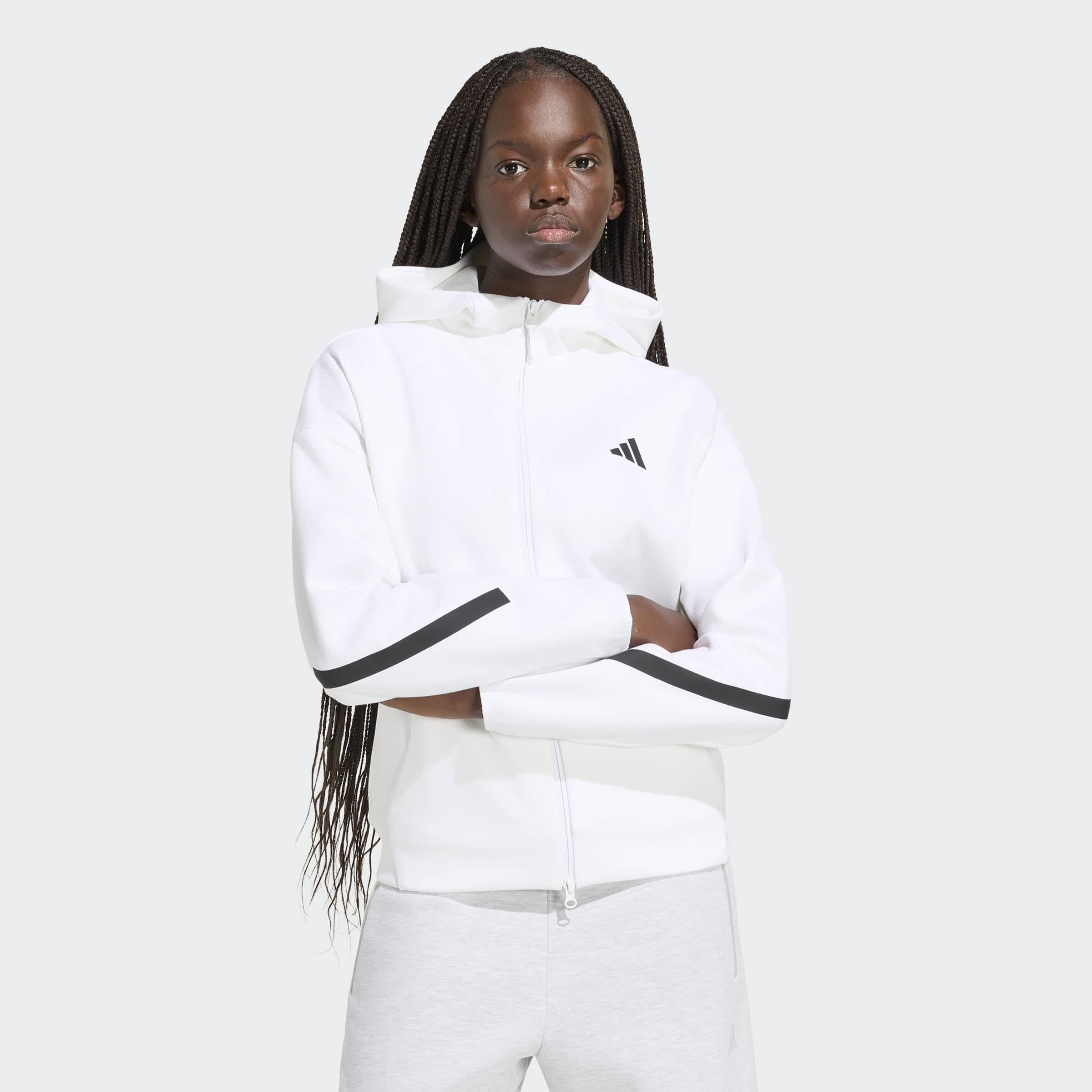 "Kapuzensweatshirt ADIDAS SPORTSWEAR ""ADIDAS Z.N.E. ZIP HOODIE"", Damen, Gr. L, weiß, Obermaterial: 57% Polyester, 43% Baumwolle, normal, Rundhals