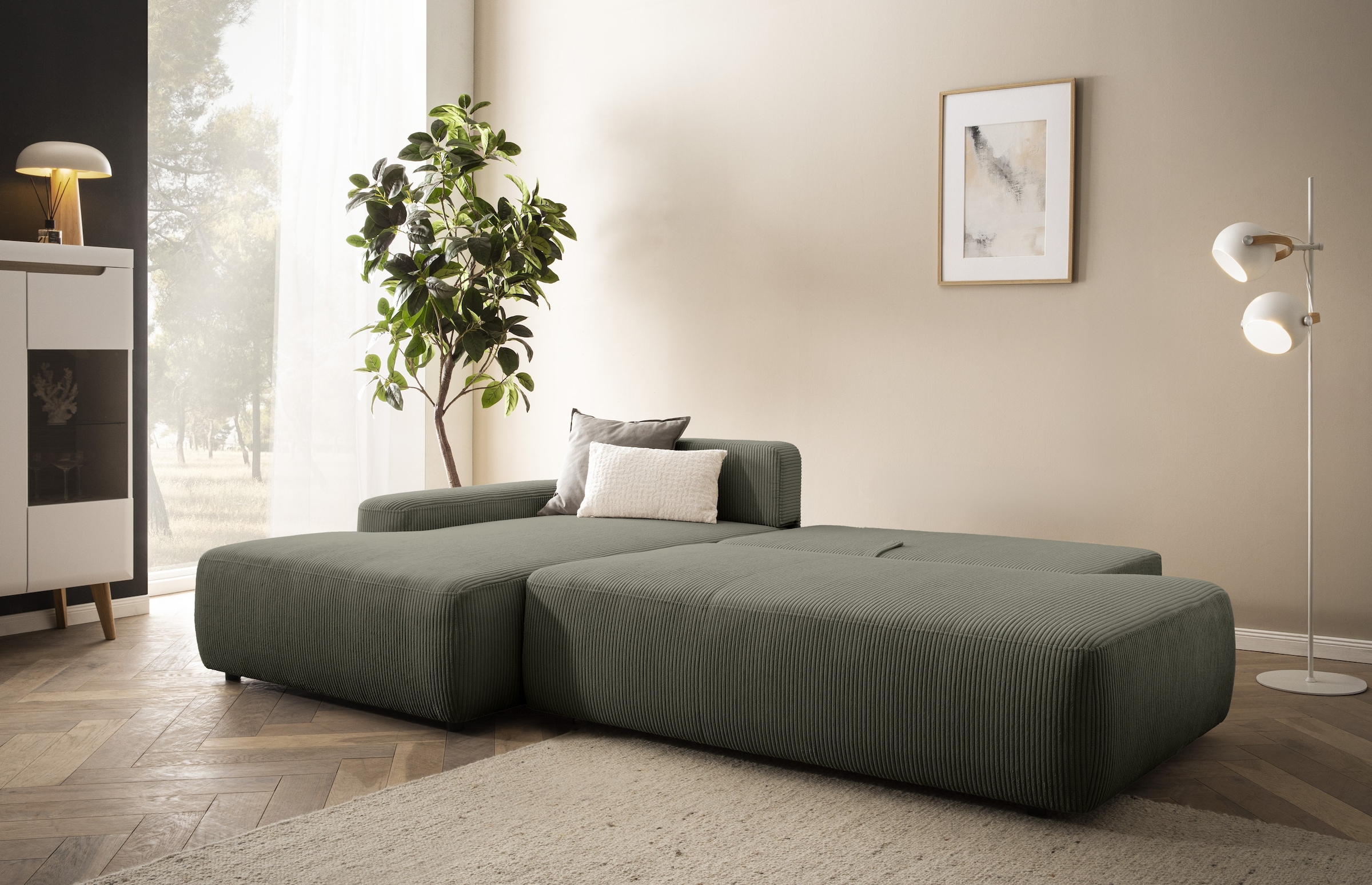 INOSIGN Ecksofa »TORGE, Schlafsofa Cord, Samtvelours u. Strukur fein, Couch in L-Form«, Schlaffunktion und Bettkasten, Liegefläche: 210x125 cm, neues Design
