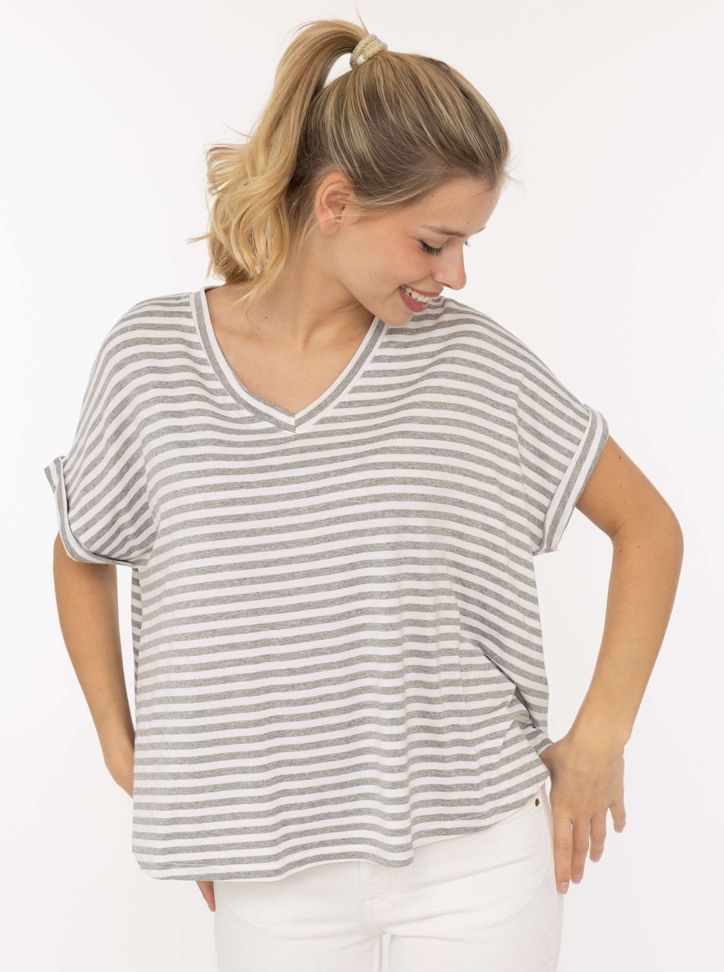 Zwillingsherz T-Shirt ""Maritime Streifen"" One Size, Kurzarm, V-Ausschnitt, gestreift, Loose Fit