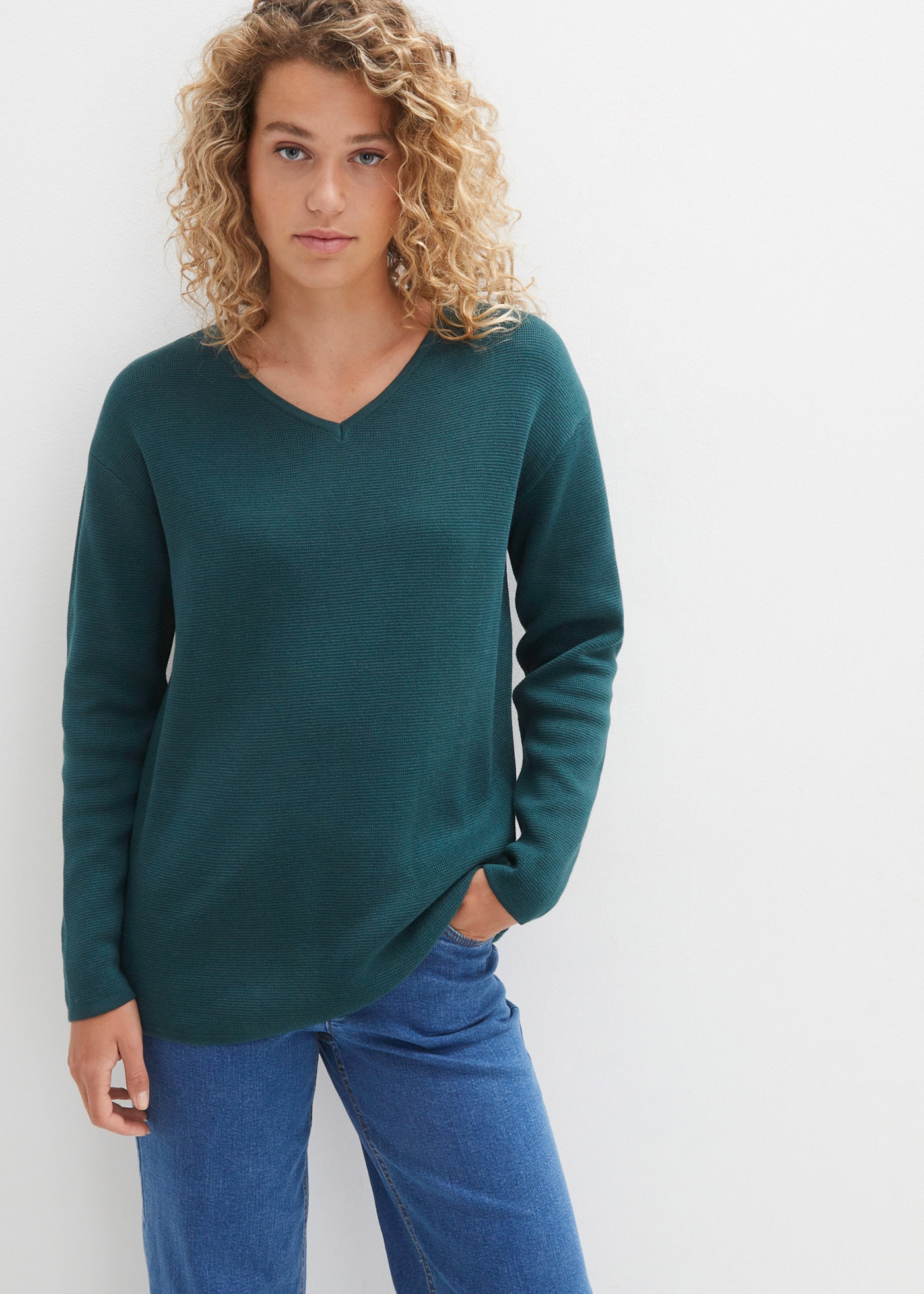 bonprix Strickpullover "Milano Rib Pullover mit V-Ausschnitt" aus Baumwoll-Milano Rib, mit V-Ausschnitt, bequeme Passform
