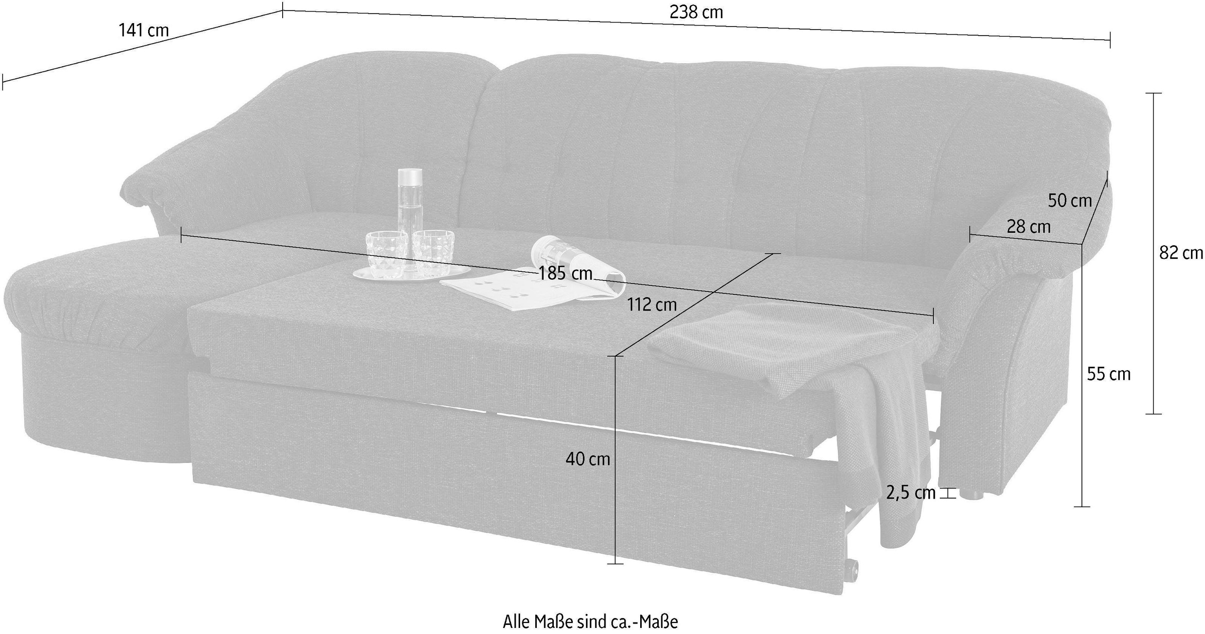 DOMO collection Ecksofa »Pegnitz, elegante Rückensteppung, kompakte Stellmaße 238/141cm, L-Form«, wahlweise mit Bettfunktion