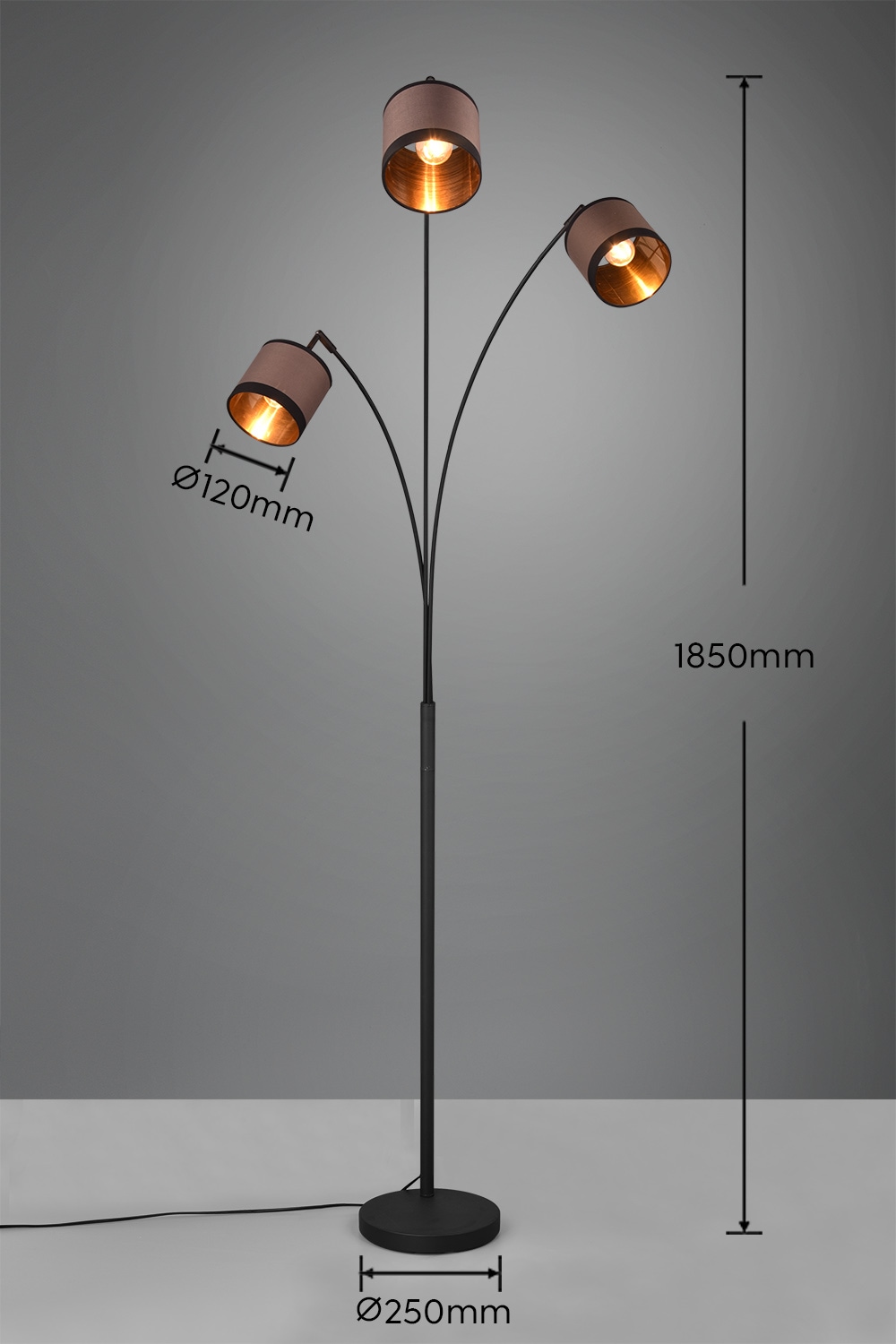 REALITY Leuchten Stehlampe »DAVOS, Stehleuchte 3-flammig exkl 3xE14 max 28W Fußschalter 185cm hoch«, 3 flammig, Leuchtmittel E14 | Leuchtmittel wechselbar, Stehlampe Metall mit 2-farbigen Stoffschirmen Bogenlampe Bogenleuchte