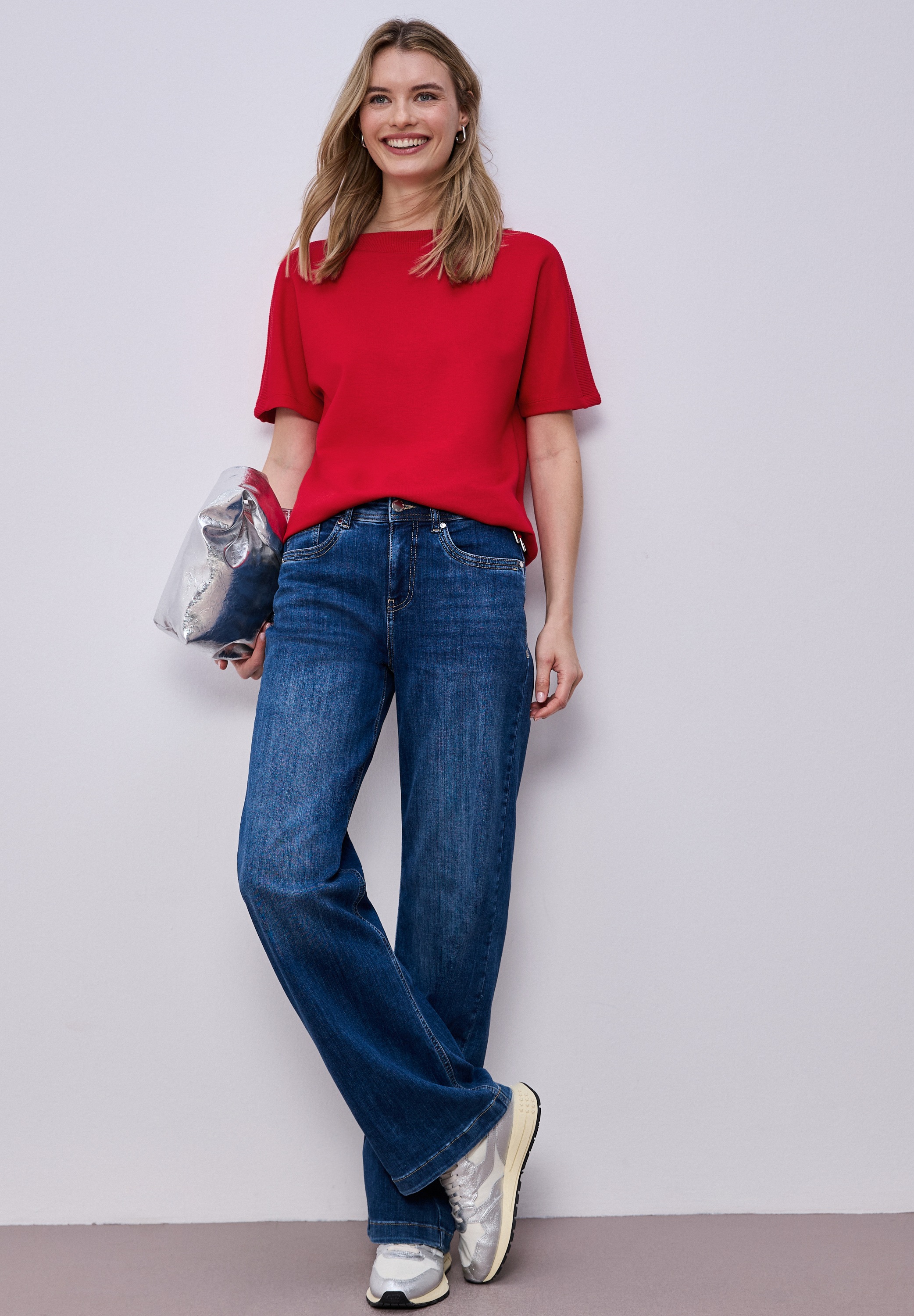 Kurzarmshirt STREET ONE, Damen, Gr. 38, salsa rot, Jersey, Obermaterial: 48% Polyester, 48% Viskose, 4% Elasthan, unifarben, regular fit normal, U-Boot-Ausschnitt, Shirts, mit elastischem Bund 6