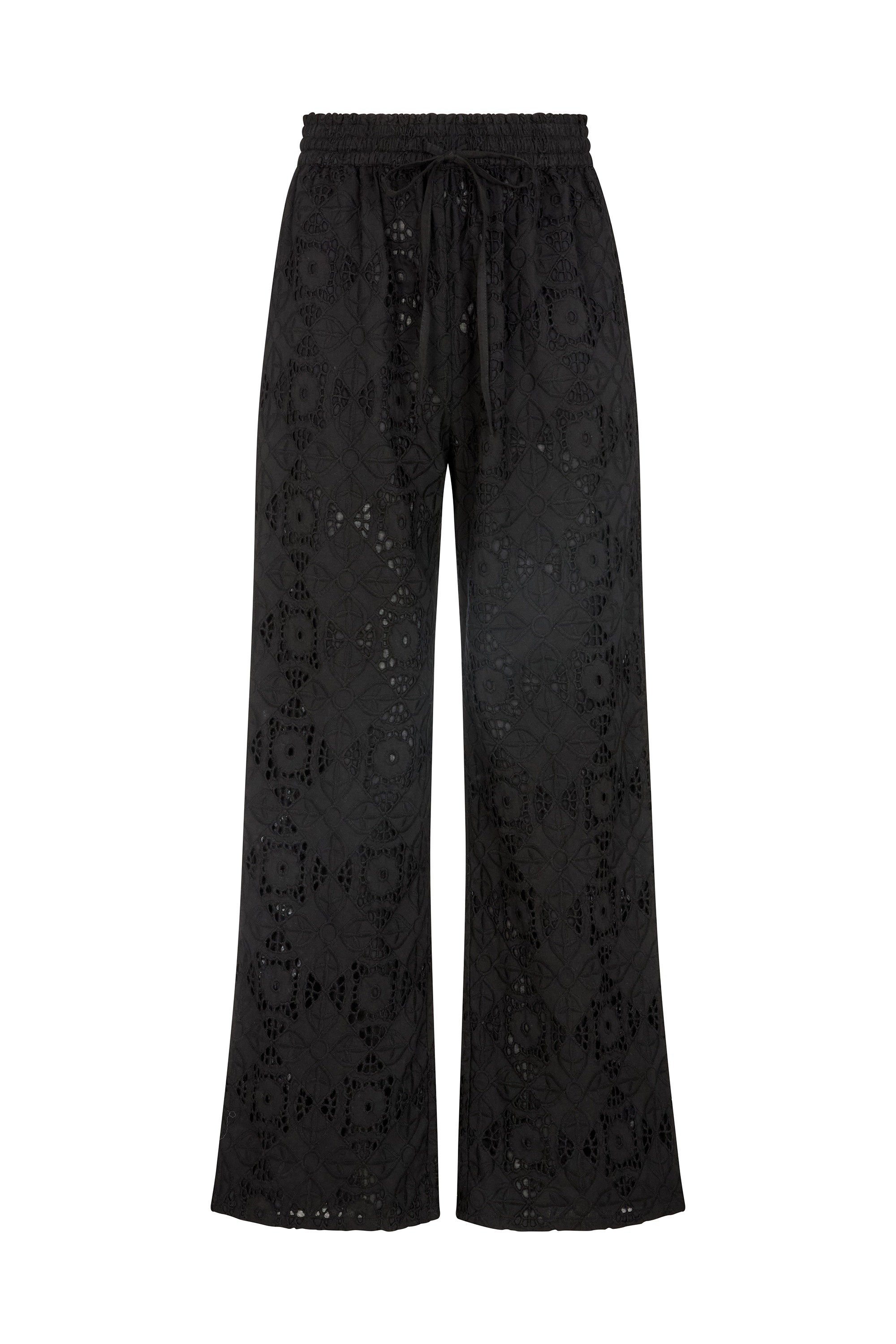 Jerseyhose RAFFYA "Opal Broderie Anglaise Wide Leg Trouser Damen", Damen, Gr. 36, Normalgrößen, schwarz, 100% Baumwolle, normal, Hosen Jerseyhose