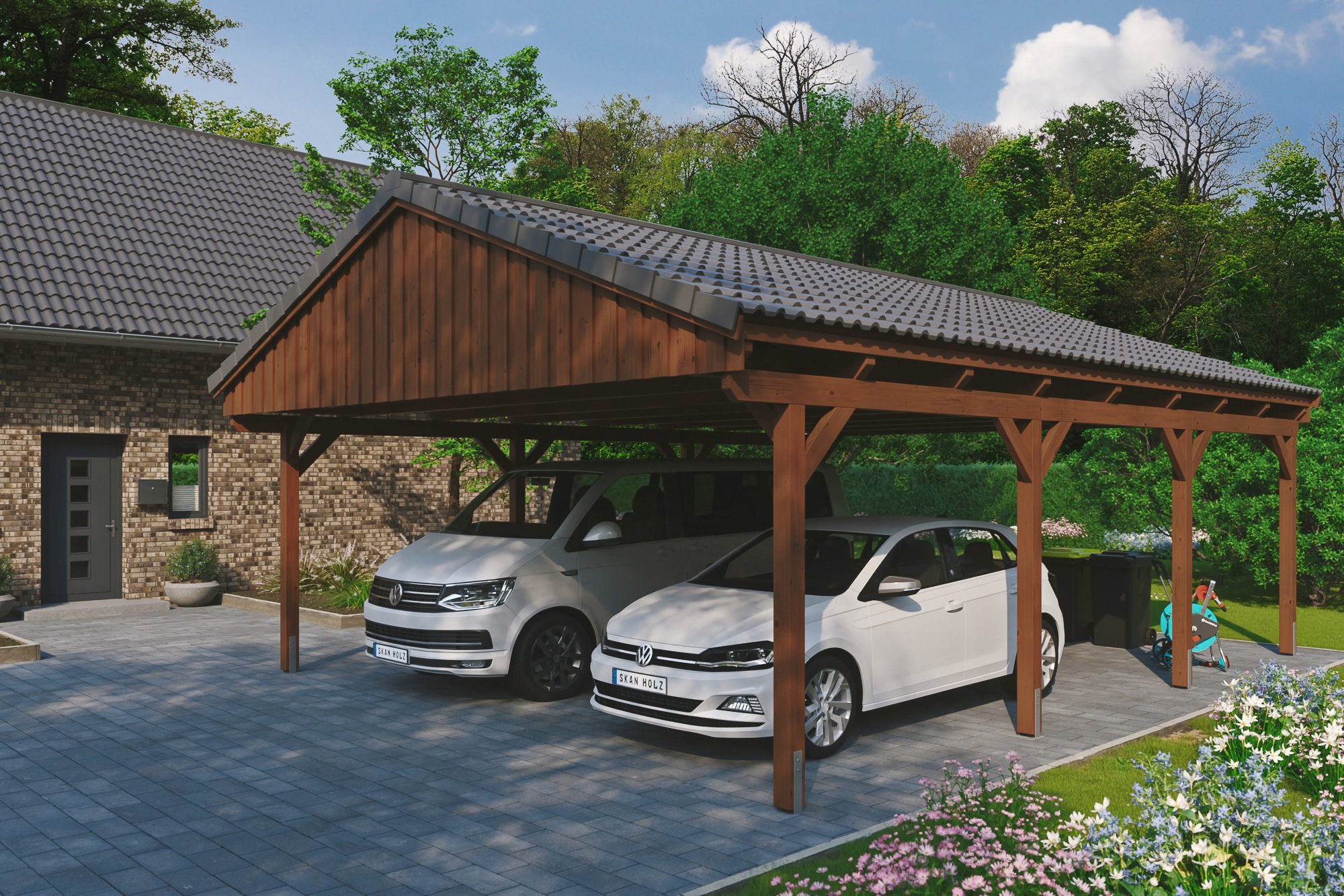 Skanholz Doppelcarport "Fichtelberg", Leimholz-Nordisches Fichtenholz, braun, mit Dachlattung