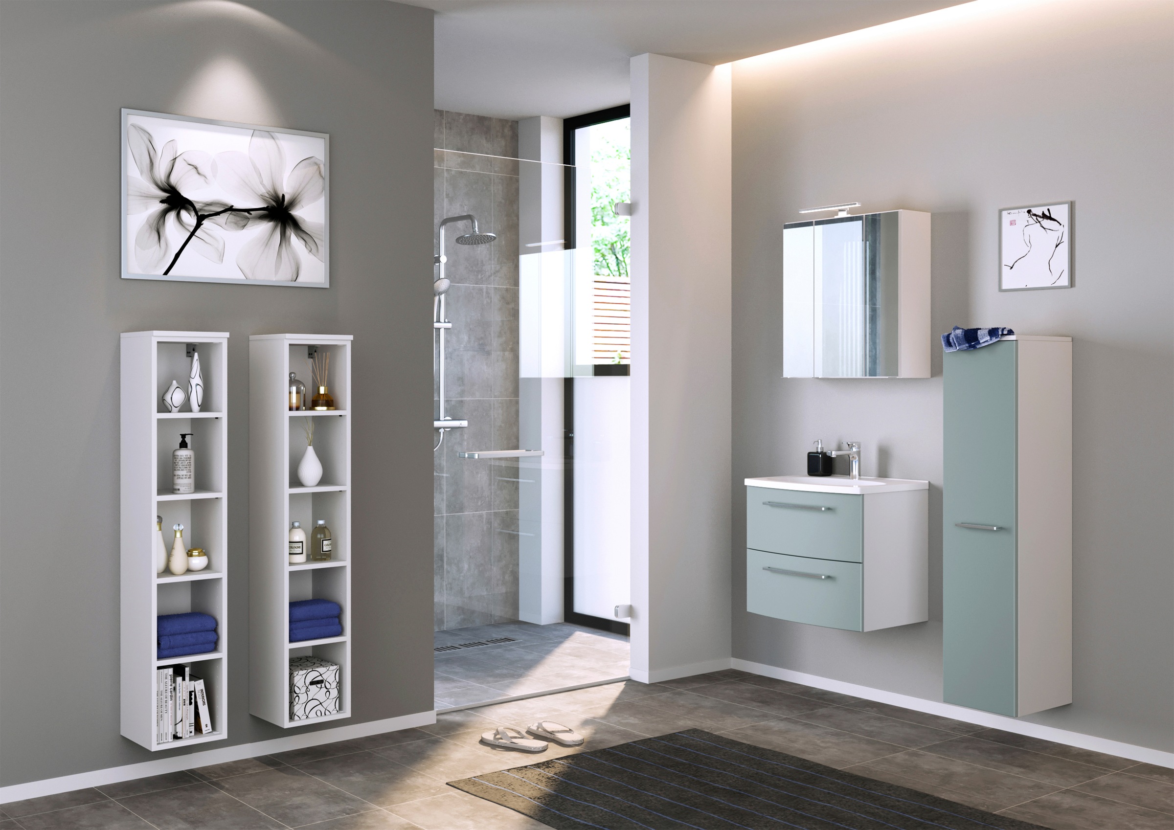 welltime Badmöbel-Set »Catania«, (2 St.), mit 3D-Spiegelschrank und gebogenes Mineralgussbecken