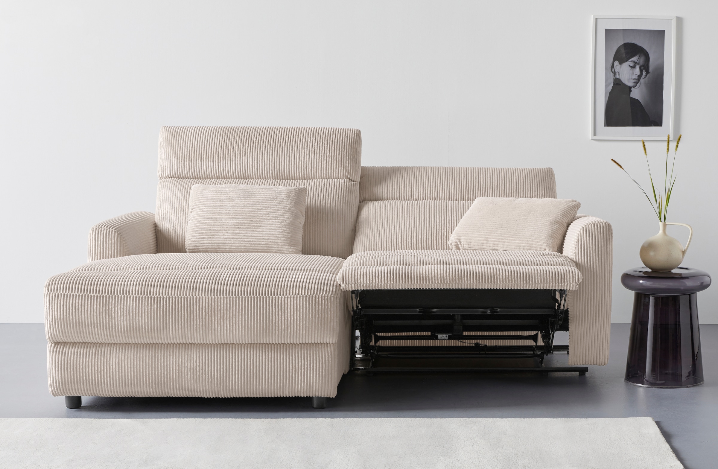 INOSIGN Ecksofa »JENNA, L-Form, 209cm, manuelle u. elektrische Funktion, mit USB A/C,«, Liegefunktion 105°-150°, Federkern, Cord