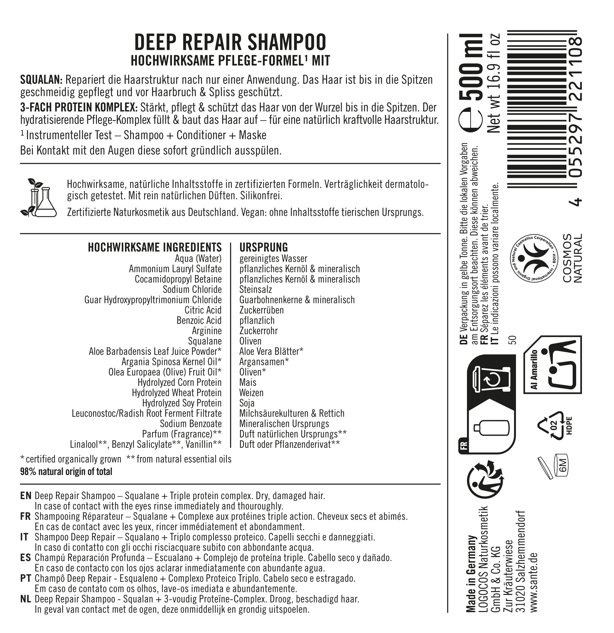 SANTE Haarshampoo »Deep Repair Shampoo Squalan« Haarshampoo, mit Squalan, für strapaziertes Haar, vegan