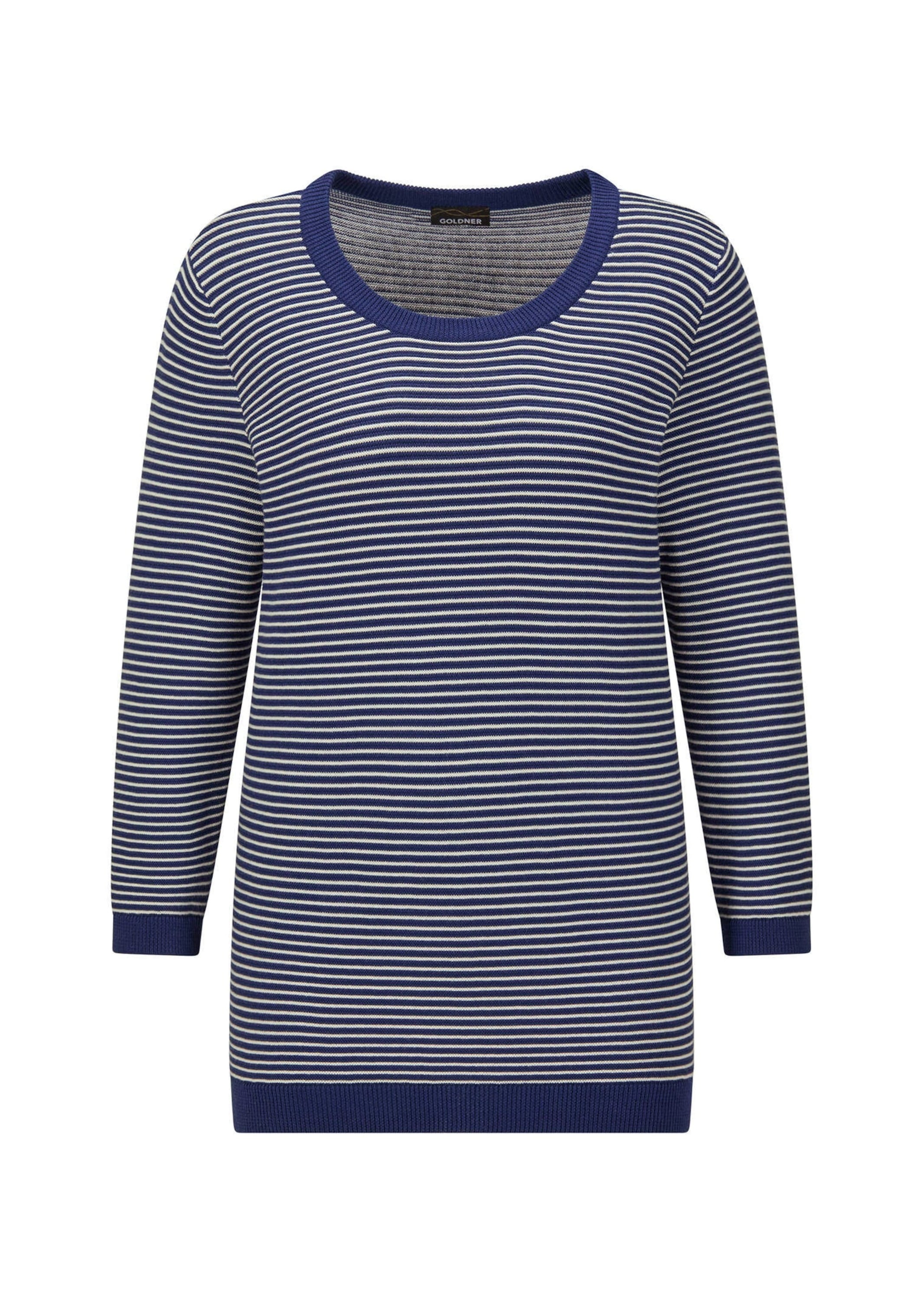 Rundhalspullover GOLDNER "Halbarm Ringelpullover aus Baumwolle", Damen, Gr. 52, blau (marine, gemustert), Obermaterial: 100% Baumwolle CO., Modisch, Pullover Rundhalspullover, Rundhalsausschnitt