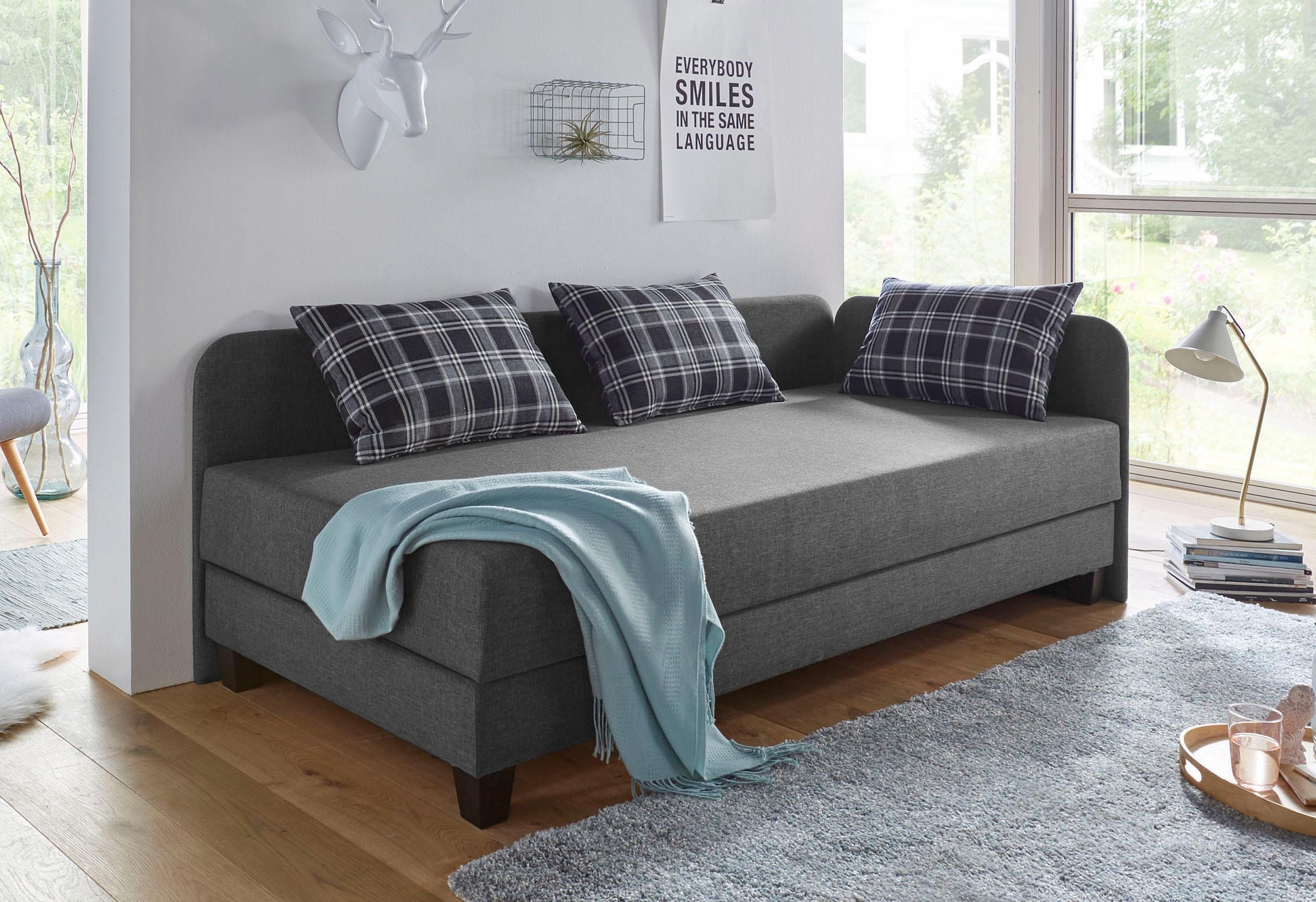 Gästebett MAINTAL, grau (anthrazit, anthrazit), Struktur Holzwerkstoff, Liegefläche B/L: 90cm x 200cm, 5-Zonen-Bonell-Federkernmatratze, Faltbetten, Gästebett, mit Umbau und Bettkasten