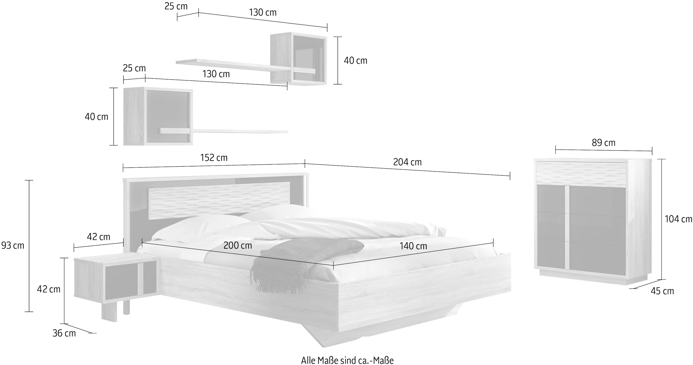 Gami Schlafzimmer-Set »Curtys«, (6 St., 1x Bett, 2x hängende Nachttische, 1x Kommode und 2x Wandregal)