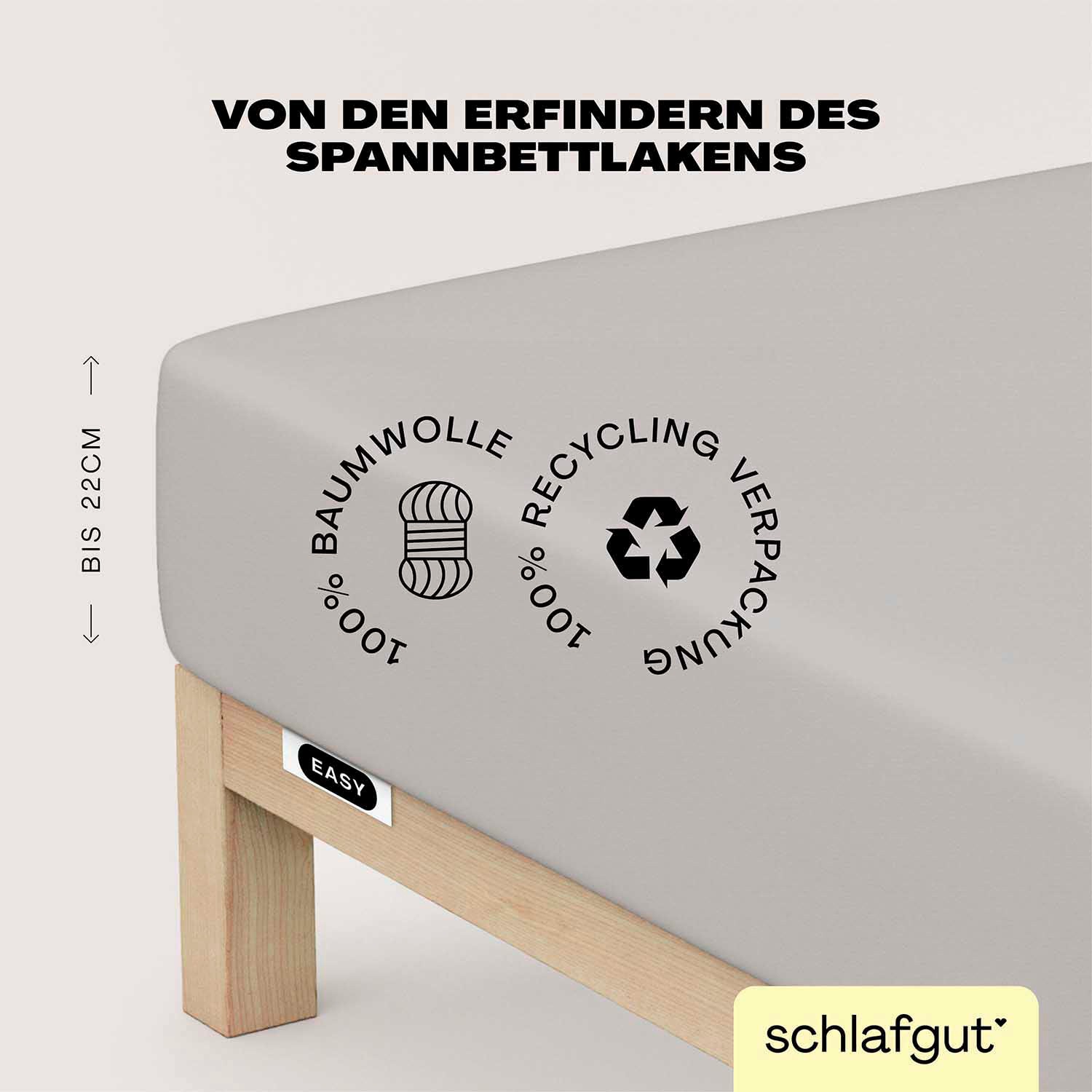 Schlafgut Spannbettlaken "EASY JERSEY Bettlaken, 150 g/m², 100% Baumwolle, Spannbetttuch" Spannbettlaken bis 22 cm Höhe, bügelfrei, pflegeleicht, perfekter Sitz
