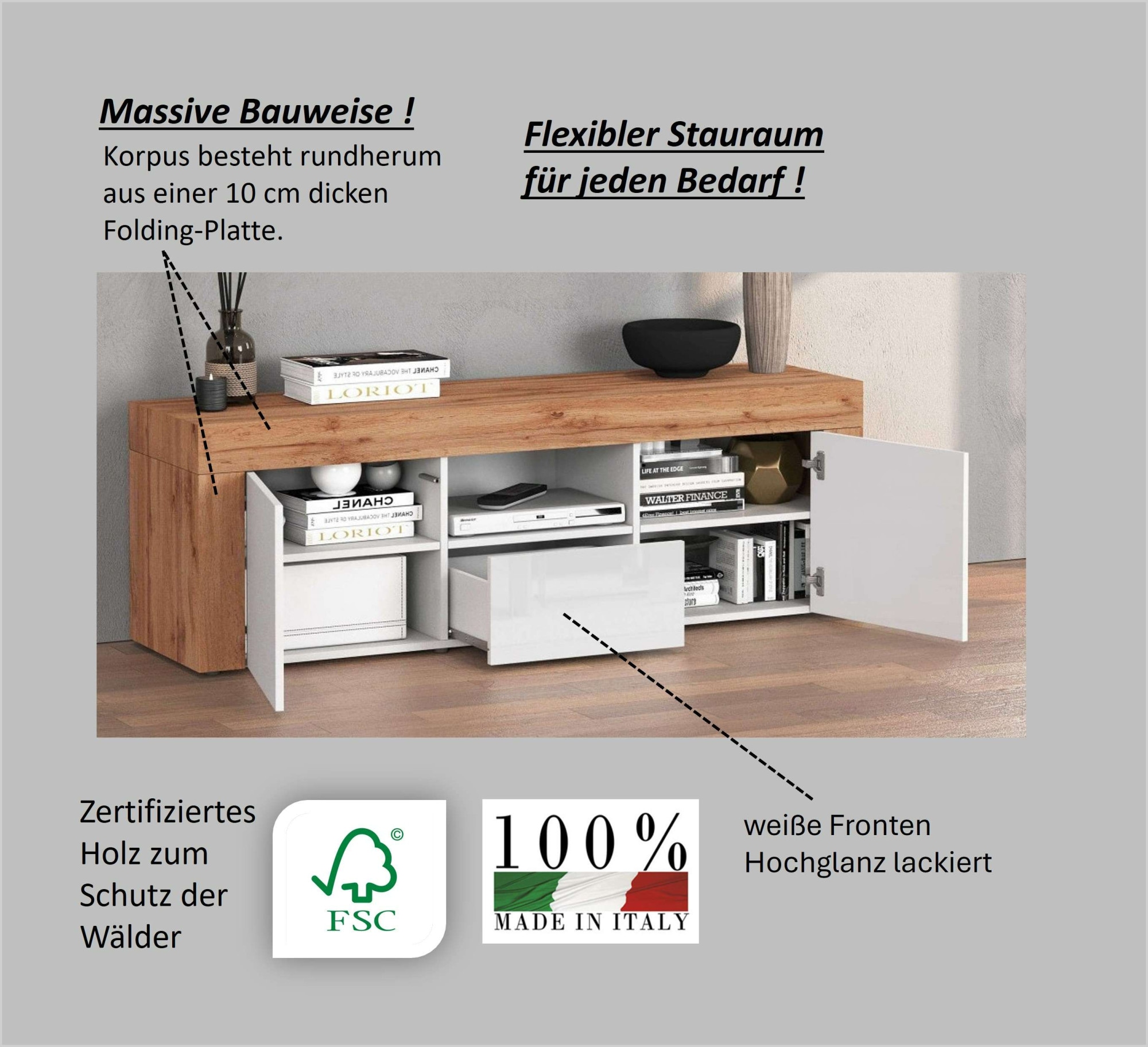 INOSIGN Lowboard »CHRONOS Breite 155 cm mit 2 Türen, 1 Schublade,1 offenes Fach«, (1 St.), TV-Board, Sideboard niedrig, Grifflos mit Push to Open 'Made in Italy'