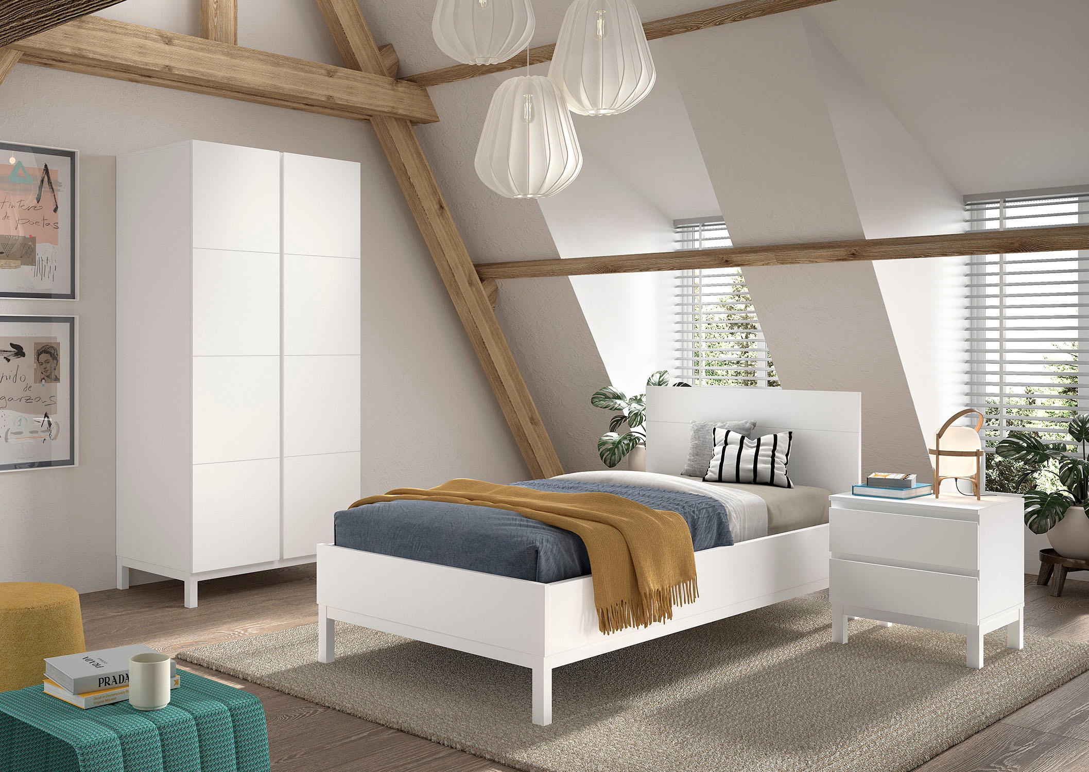 Vipack Jugendzimmer-Set »Set best. aus Einzelbett 90/200, Nachtkonsole, Kleiderschrank 2-trg.«, (3 tlg.), in gradlinigem Design, pflegeleichte lackierte Oberfläche in Weiß