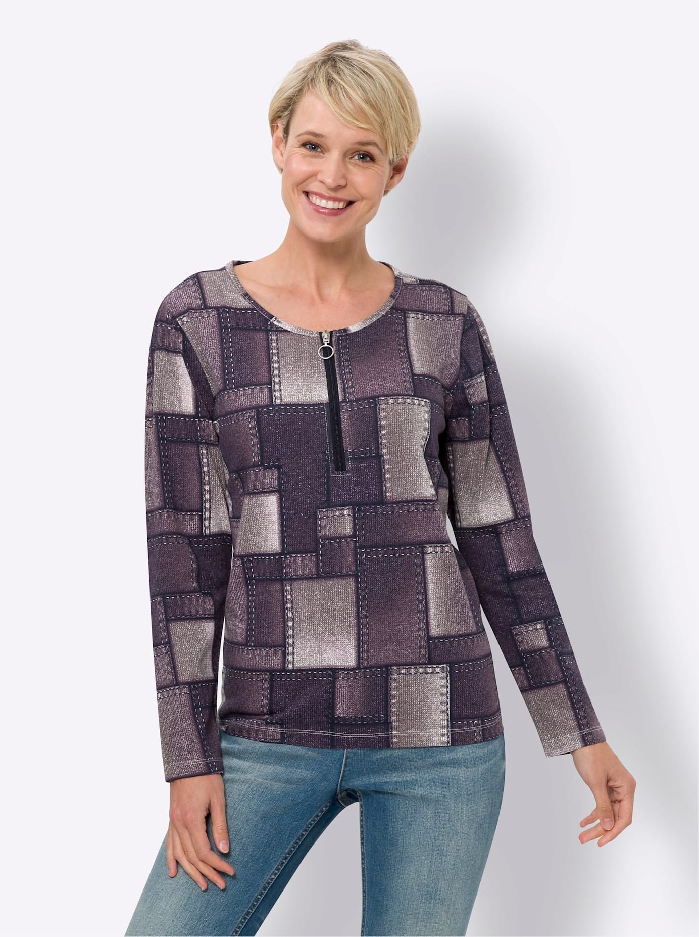 Langarmshirt CLASSIC BASICS "Langarm-Shirt", Damen, Gr. 40, orchidee, traube, bedruckt, 100% Baumwolle, gemustert, mehrfarbig, Rundhals, Shirts Langarmshirt