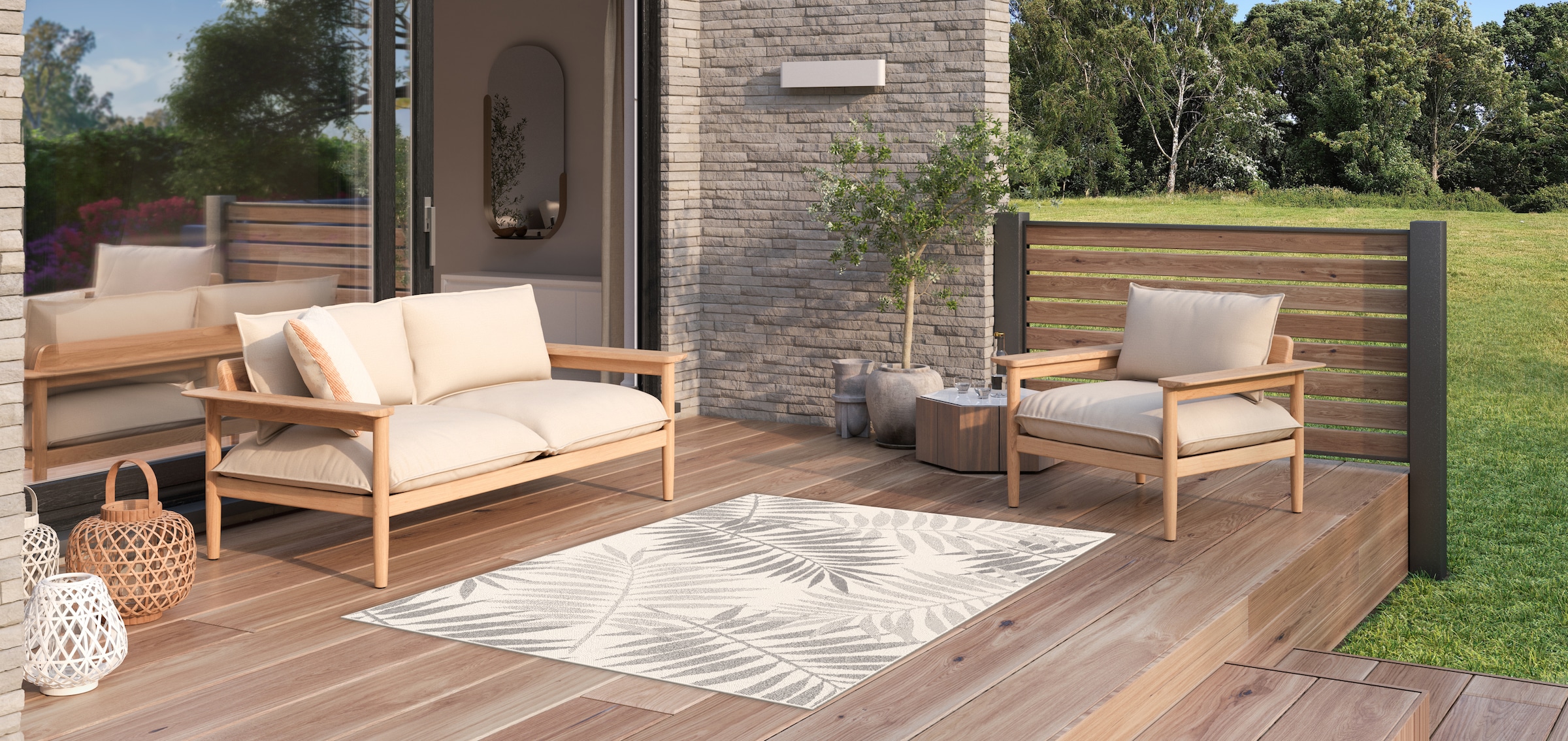 Primaflor-Ideen in Textil Teppich »Outdoorteppich RENEW - Leaves«, rechteckig, 4 mm Höhe, Flachgewebe, Blätter, In- und Outdoor geeignet, Balkon & Terrasse