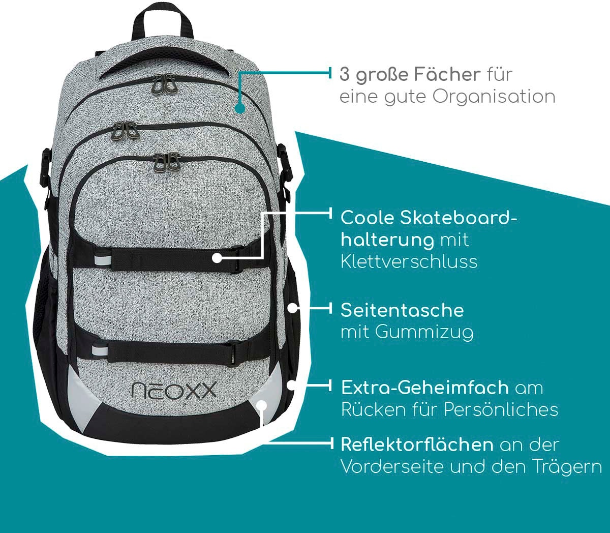 neoxx Schulrucksack »Active, Wool the World«, reflektierende Details, aus recycelten PET-Flaschen