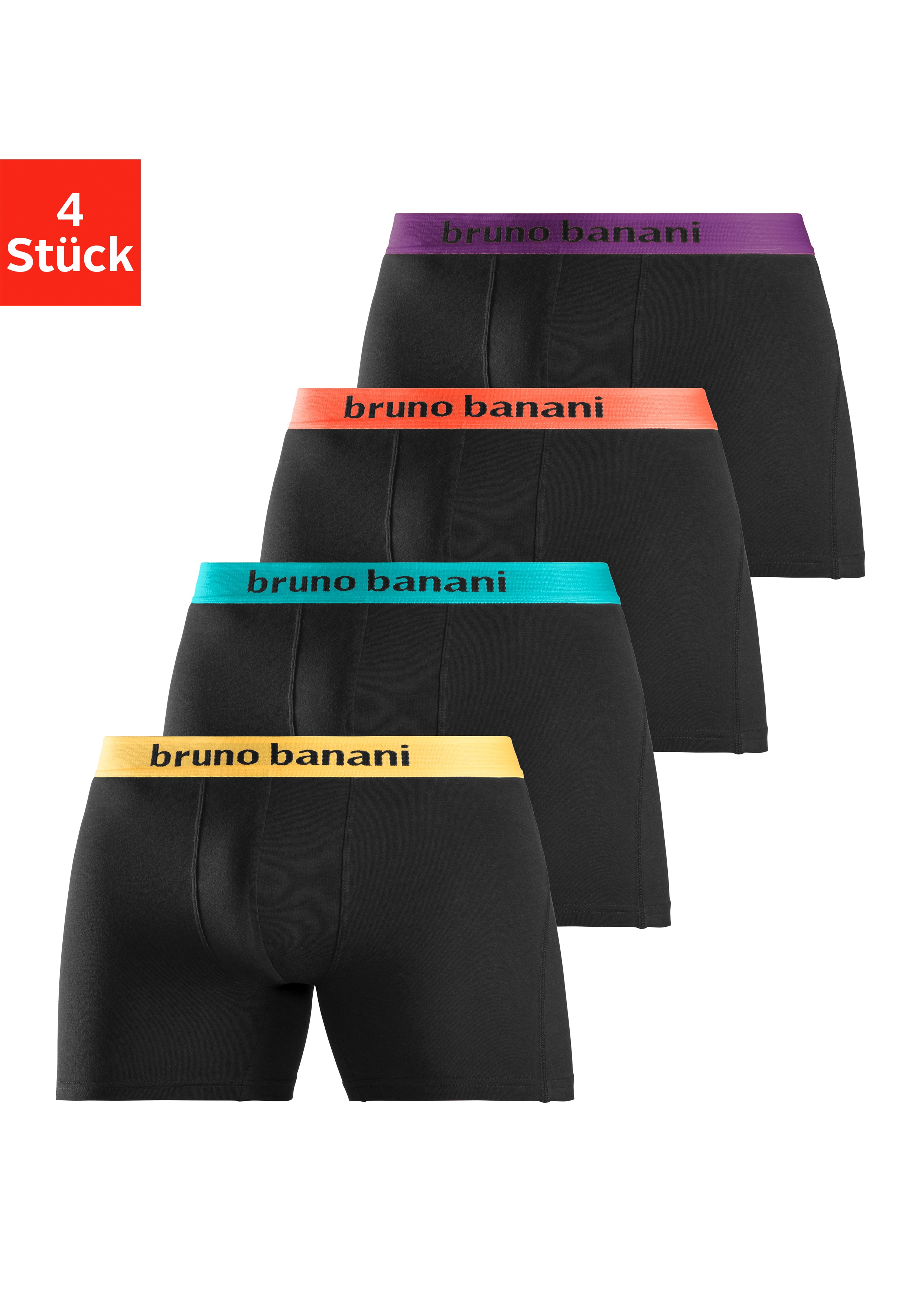 Bruno Banani Boxer "Boxershorts für Herren" Packung, 4 Stk. mit längerem Bein und auffälligen Logobund