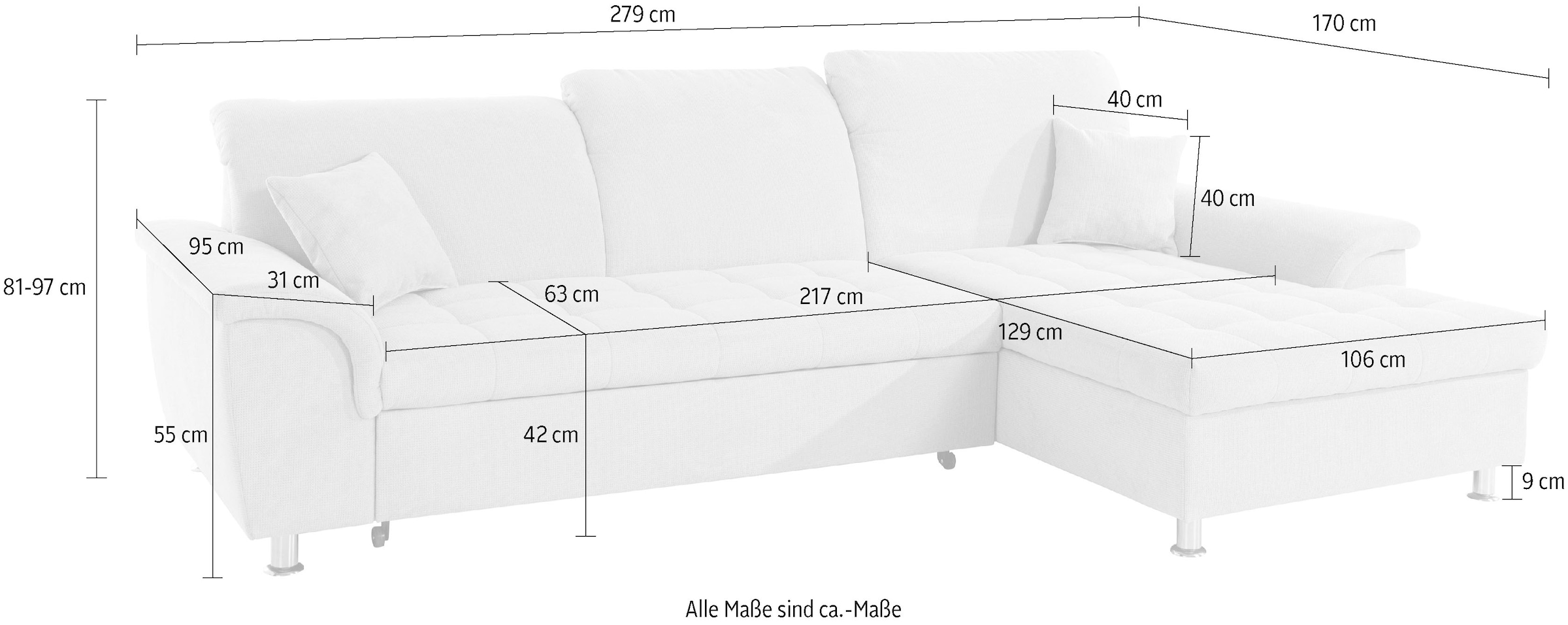 DOMO collection Ecksofa »Franzi L-Form«, wahlweise mit Kopfteilverstellung (dann Tiefe: 170 cm)