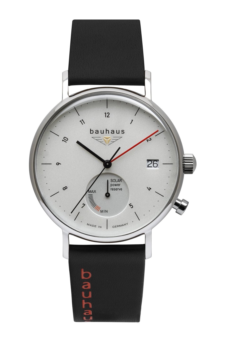BAUHAUS Herren Solaruhr "Solar Power Reserve", schwarz, Armbanduhren, Armbanduhr, Herrenuhr, Datum, Made in Germany