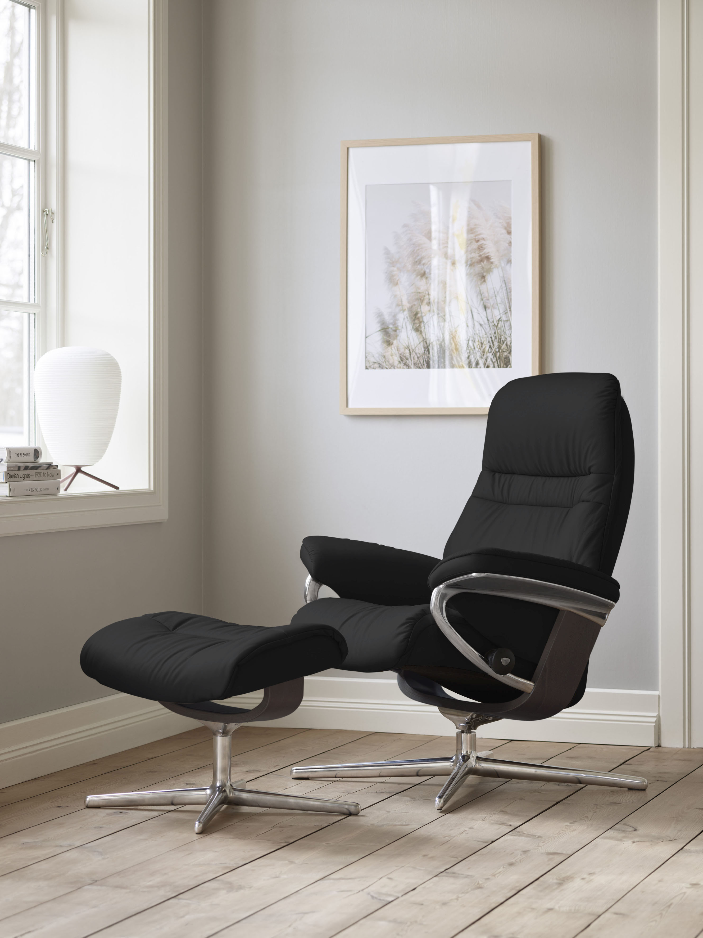 Stressless Relaxsessel "Sunrise" Set, Relaxsessel mit Hocker, mit Hocker, mit Cross Base, Größe S, M & L, Holzakzent Wenge