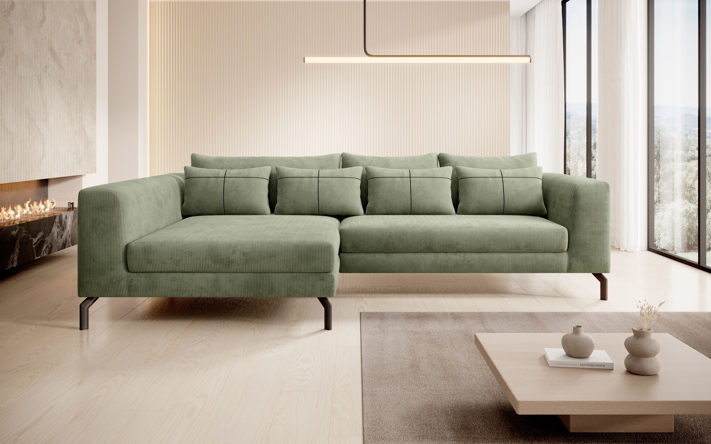 Ecksofa HOME AFFAIRE "Cross, mit softem Sitz, L-Form, wendbare Zierkissen, Breite 284 cm", grün (mayfly), B:284cm H:82cm T:172cm, 88% PES; 12% Nylon, Sofas, Ecksofa, Couch mit vielen Kissen, stylische Kreuznaht, elegante Metallfüße 4