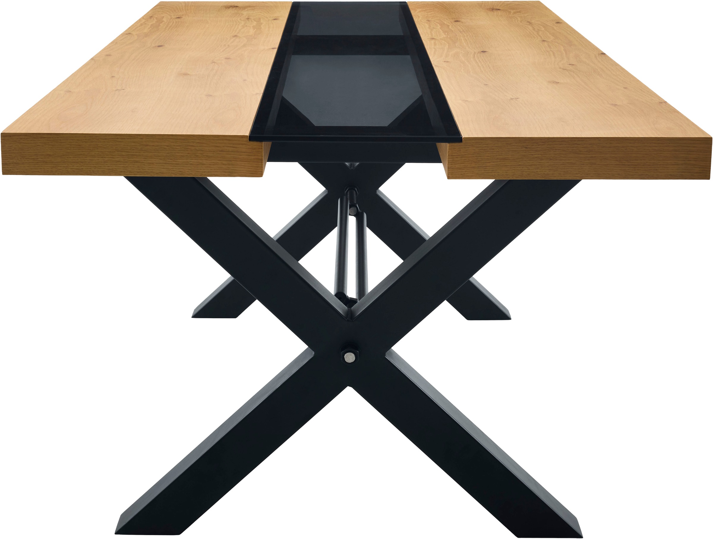 OTTO home Esstisch »TRAPANI« 1 Stk. tlg. 3-tlg. Platte, Rauchglaseinlage, X-Gestell Metall, Echtholz furniert