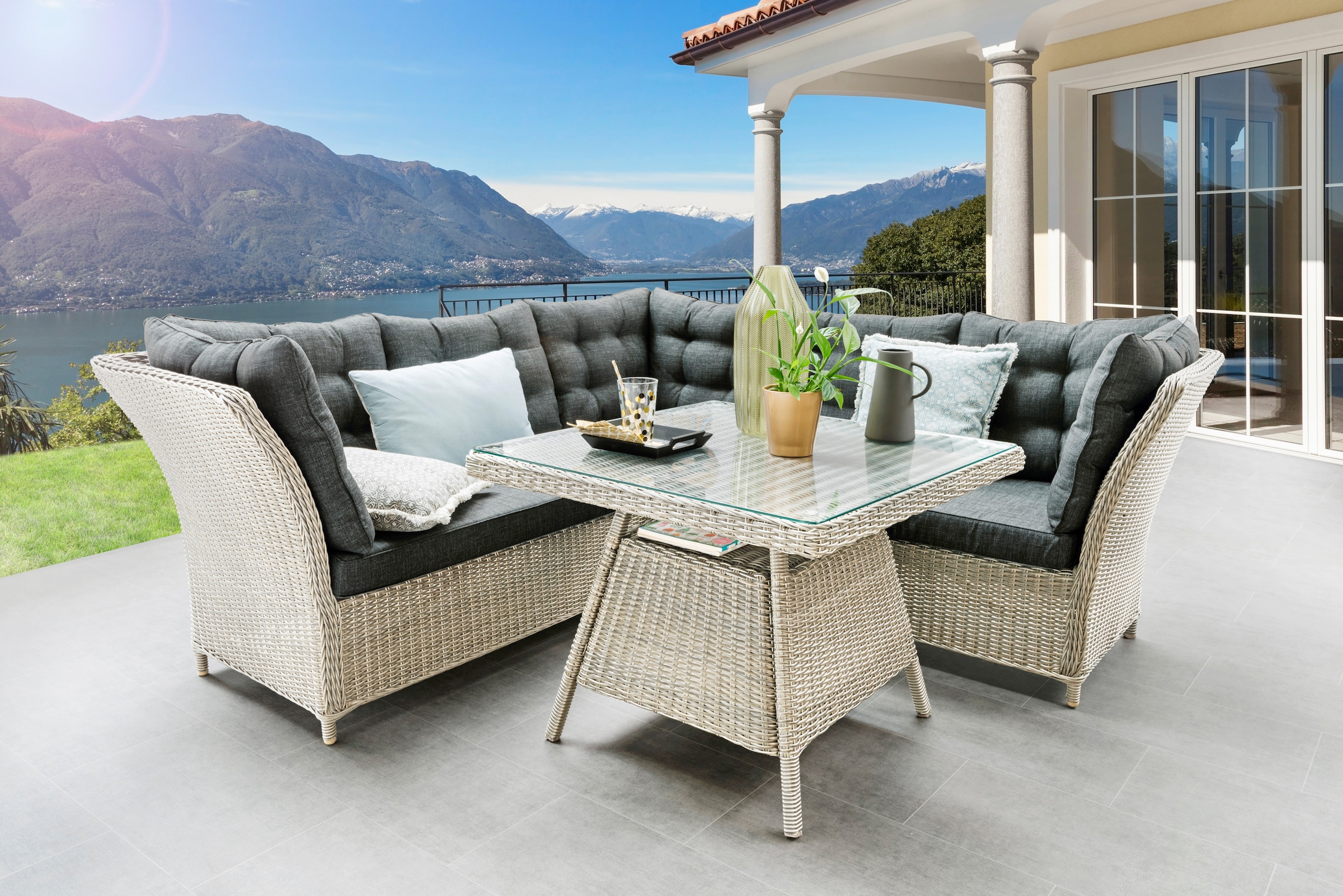 Destiny Garten-Essgruppe "PALMA", (10 tlg., 2x Schenkel, 1x Eckmodul, 1x Tisch, inkl. Auflagen), Aluminium, Polyrattan