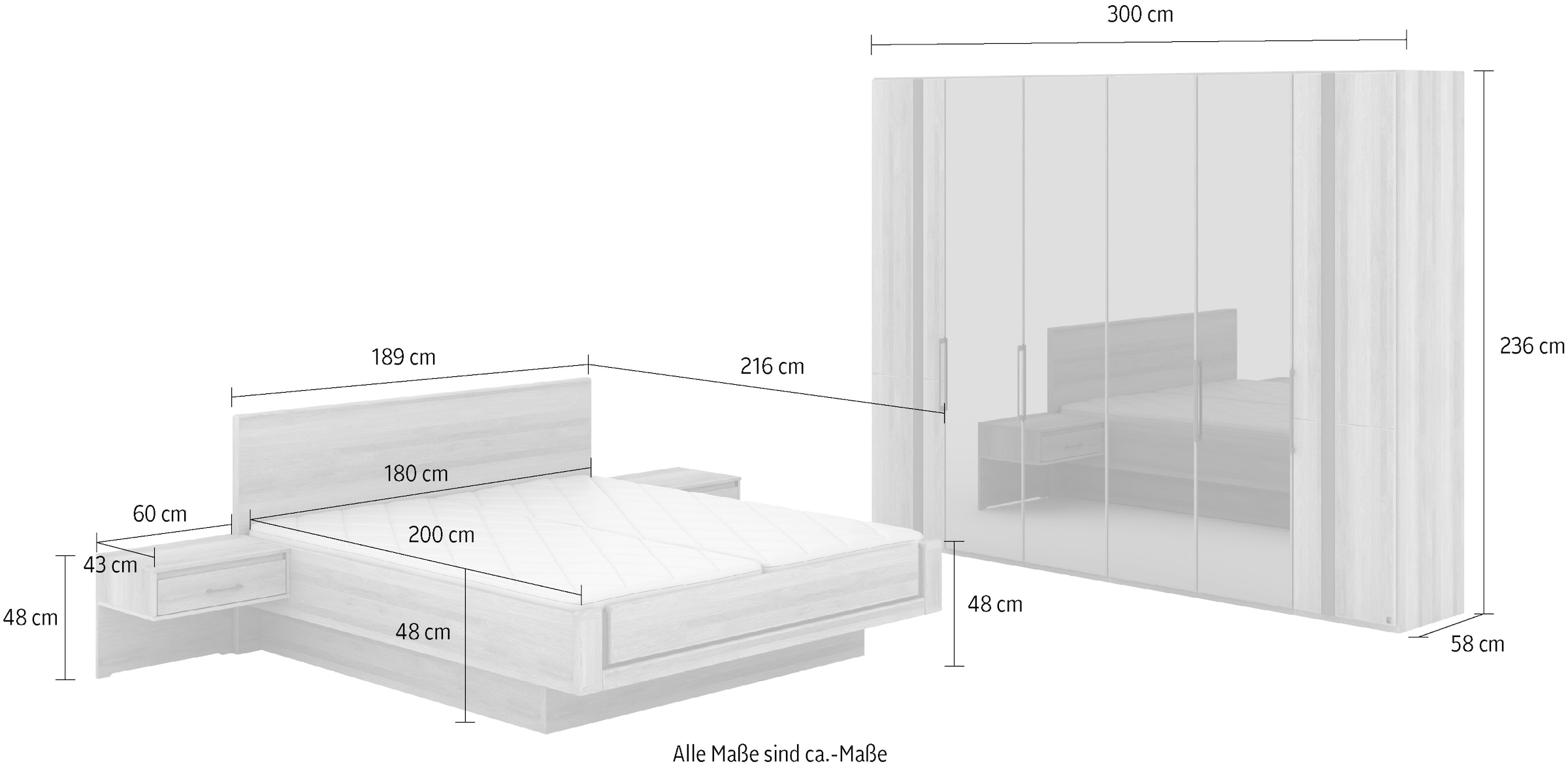 Musterring Schlafzimmer-Set »Sorrent, Kleiderschrank, Bett & Nachtkommoden, teilmassiv Eiche«, (2er-Set Nachtschränke, Drehtürenschrank 300 cm, Bett 180x200 cm), Bett schwebende Optik, Eiche teilmassiv, Spiegeltüren in Parsol-Bronze