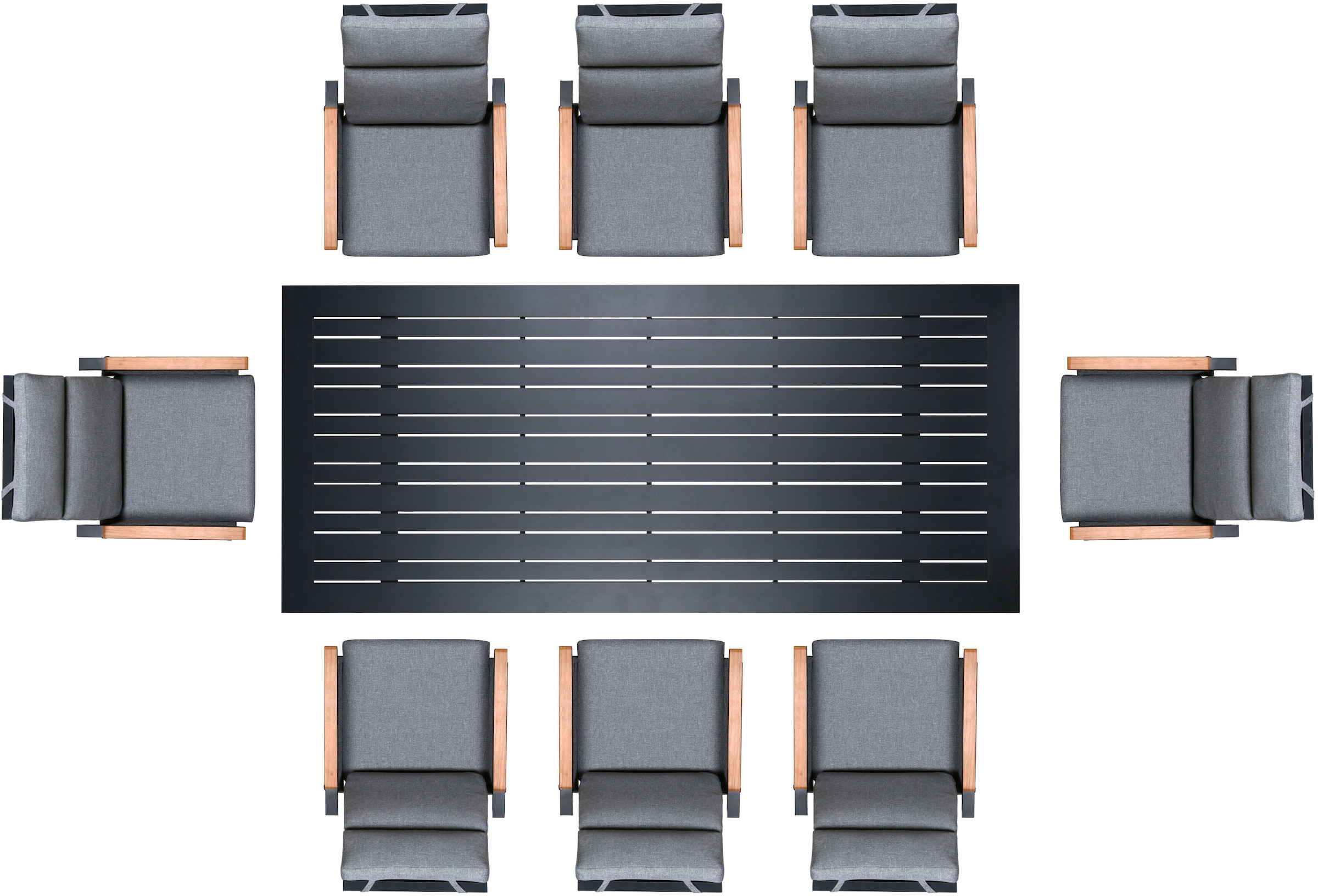 KONIFERA Garten-Essgruppe »Edessa Komfort«, (Set, 17 tlg., 8x Stuhl mit Rückenverstellung, 1x Tisch 220x97x74 cm, inkl. Auflagen), Tischplatte aus Alu-Lamellen,Armlehne mit Seilgeflecht&Noonwood-Latten