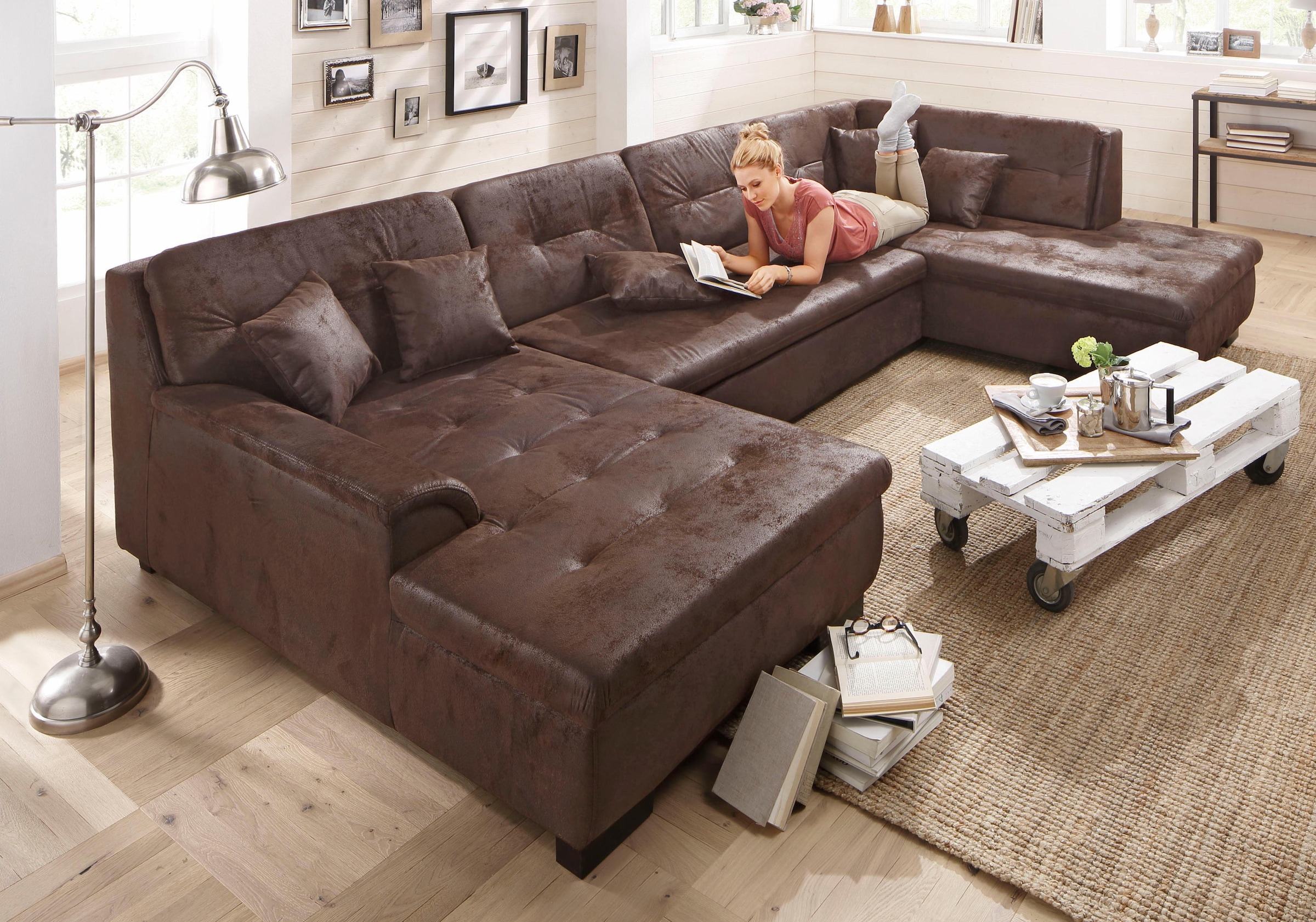 Home affaire Wohnlandschaft "BERGEN 364x106x83 cm, elegantes Design" whlw. mit Bettfunktion, U-Form