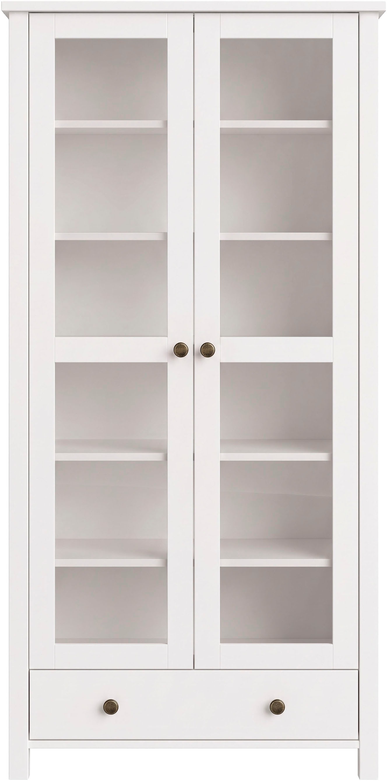 OTTO home Vitrine »Mikkeli Glasvitrine mit 1 Schubkasten, Knopfgriffen aus Metall« aus massiver FSC®-zertifizierter Kiefer, moderner Landhausstil