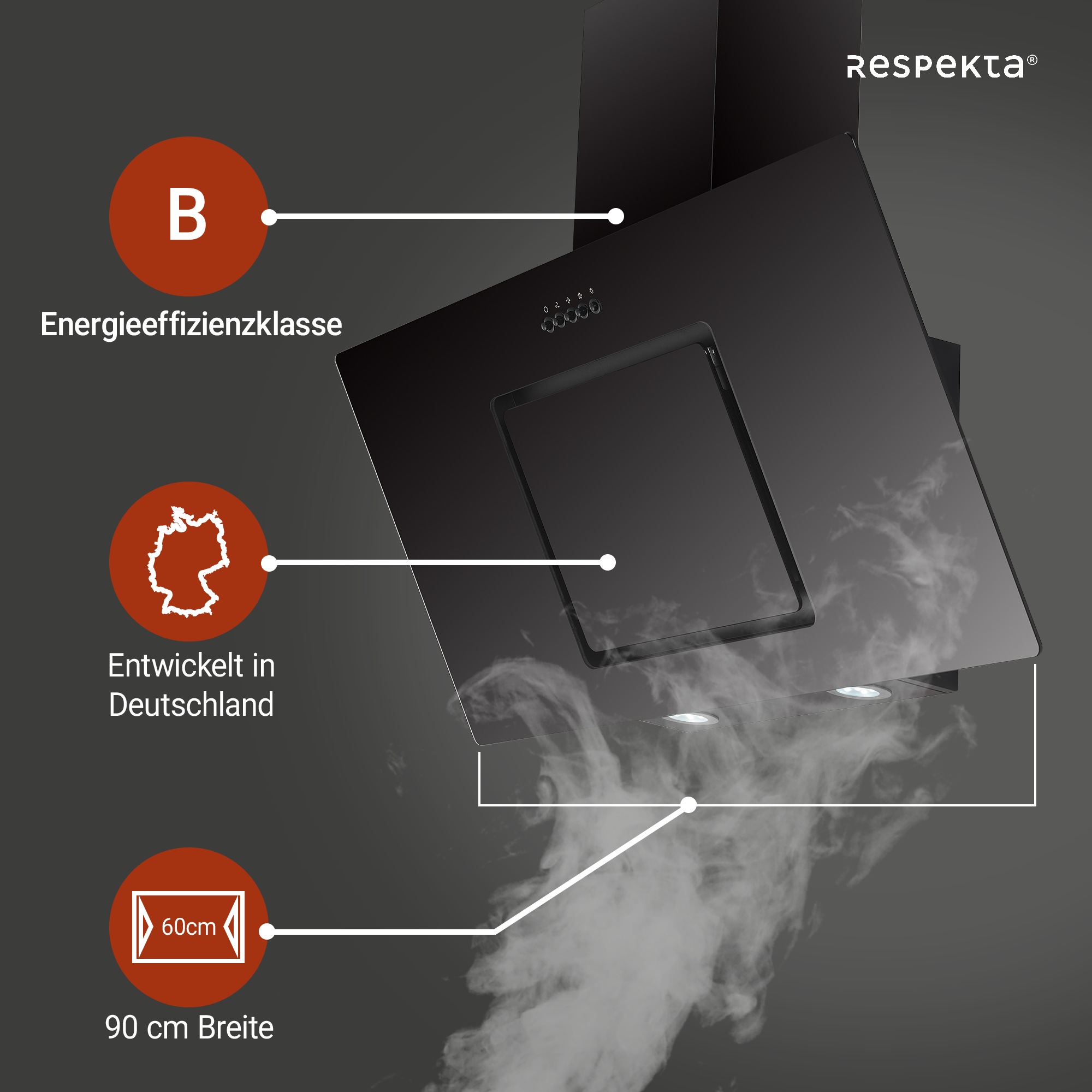 RESPEKTA Kopffreihaube »CH 22010«, 90 cm, 3 Leistungsstufenm, LED-Beleuchtung, Ab- und Umluftfähig