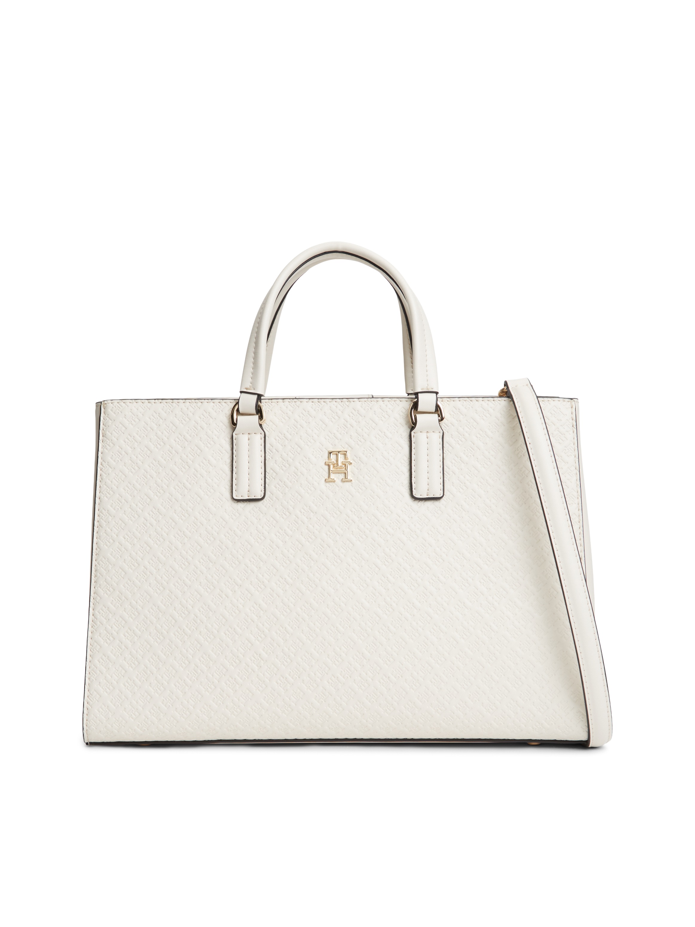 TOMMY HILFIGER Damen Henkeltasche "TH DAILY SATCHEL MONO"creme, Lederimitat, Taschen, Damen Tragetasche, Handtasche mit Allover TH-Logoprägung