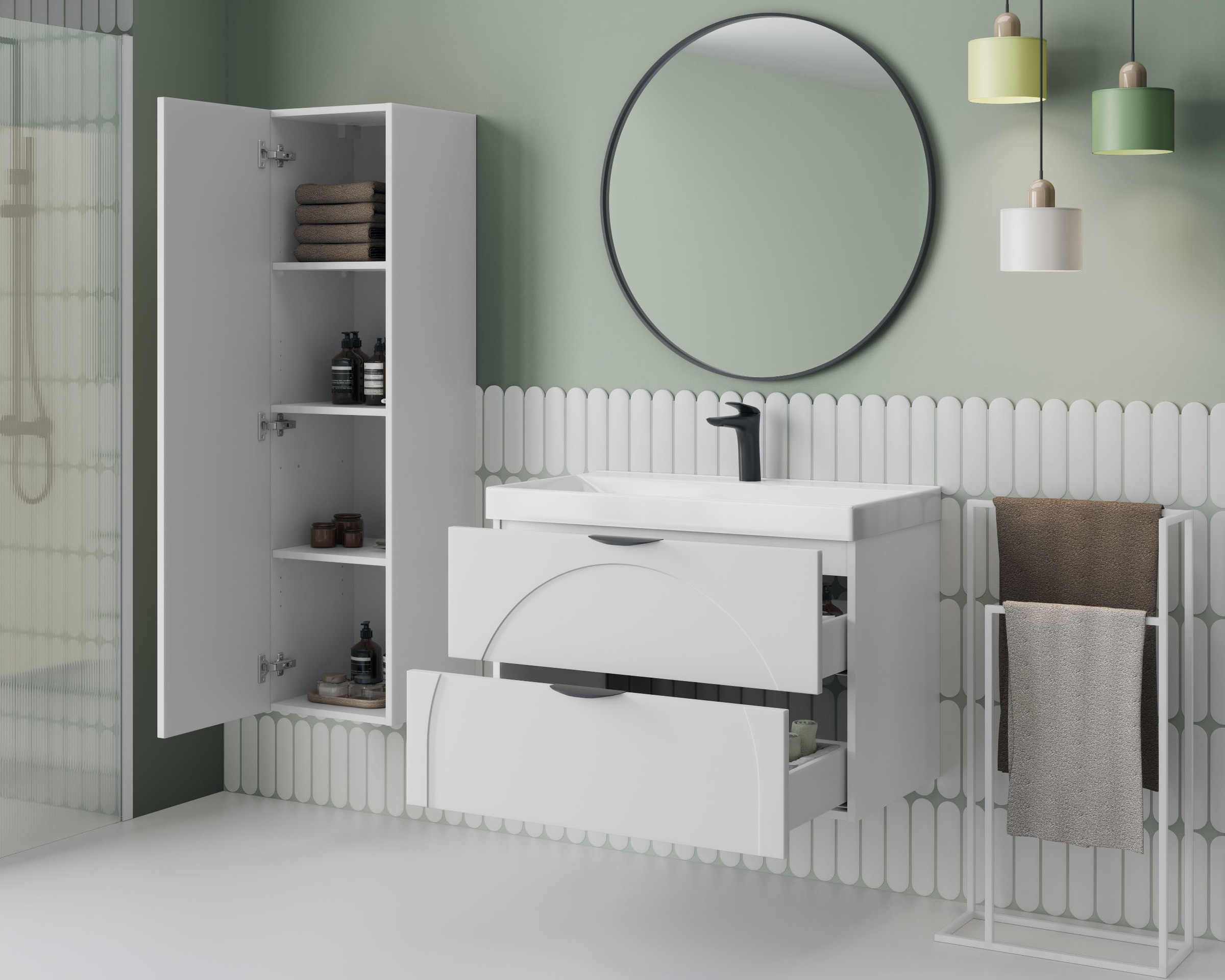 welltime Hängeschrank »FLOW CIRCLE rechts/links montierbar, Breite 35 cm, modernes Design« Schrank mit 3 Einlegeböden, Push-to-open-Function