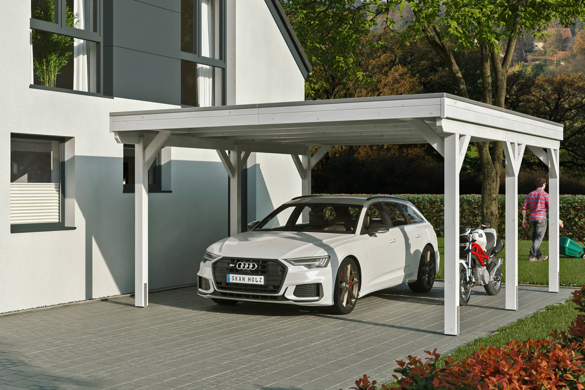 Skanholz Einzelcarport "Grunewald" Leimholz weiß mit Aluminiumdach