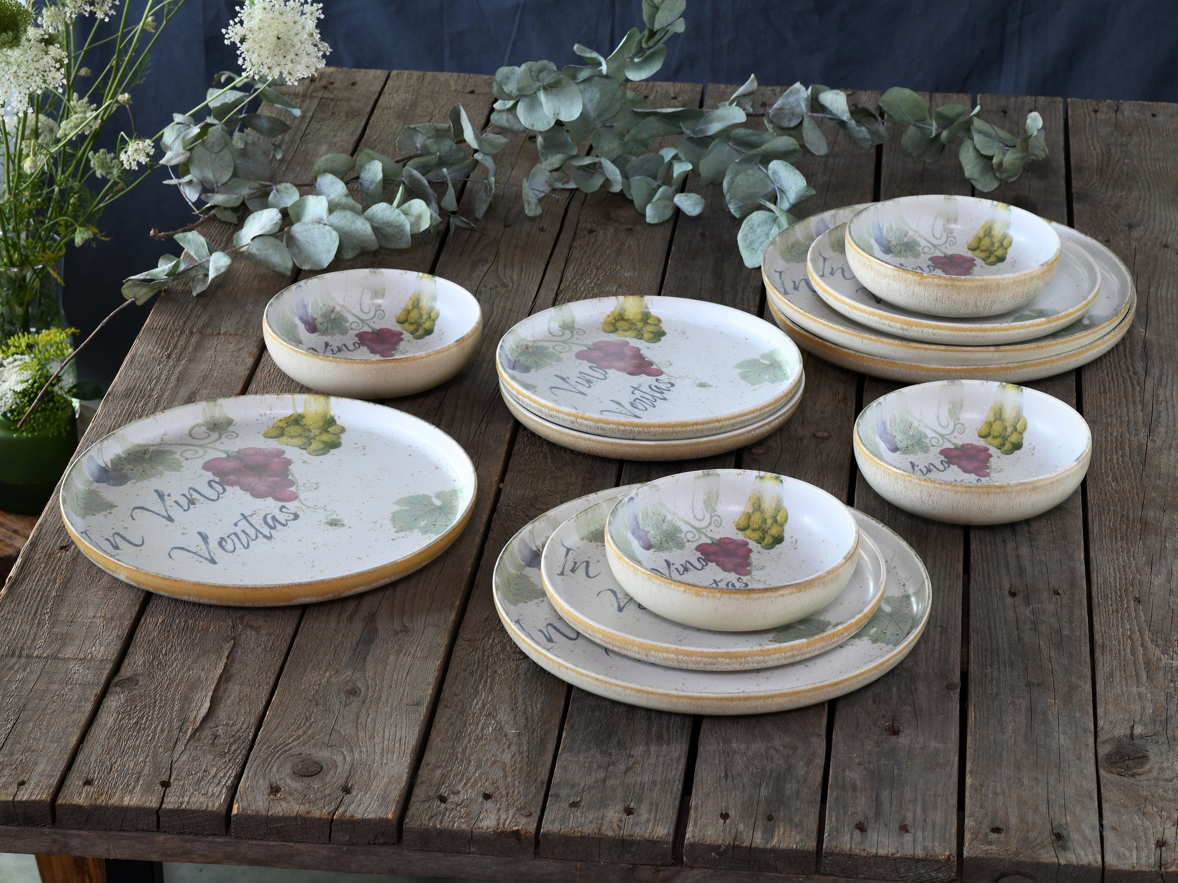 CreaTable Teller-Set »Uno In Vino Veritas, Tellerset 12-tlg«, (Set, 12 tlg.), Weintraubenmotive, Vintage Style